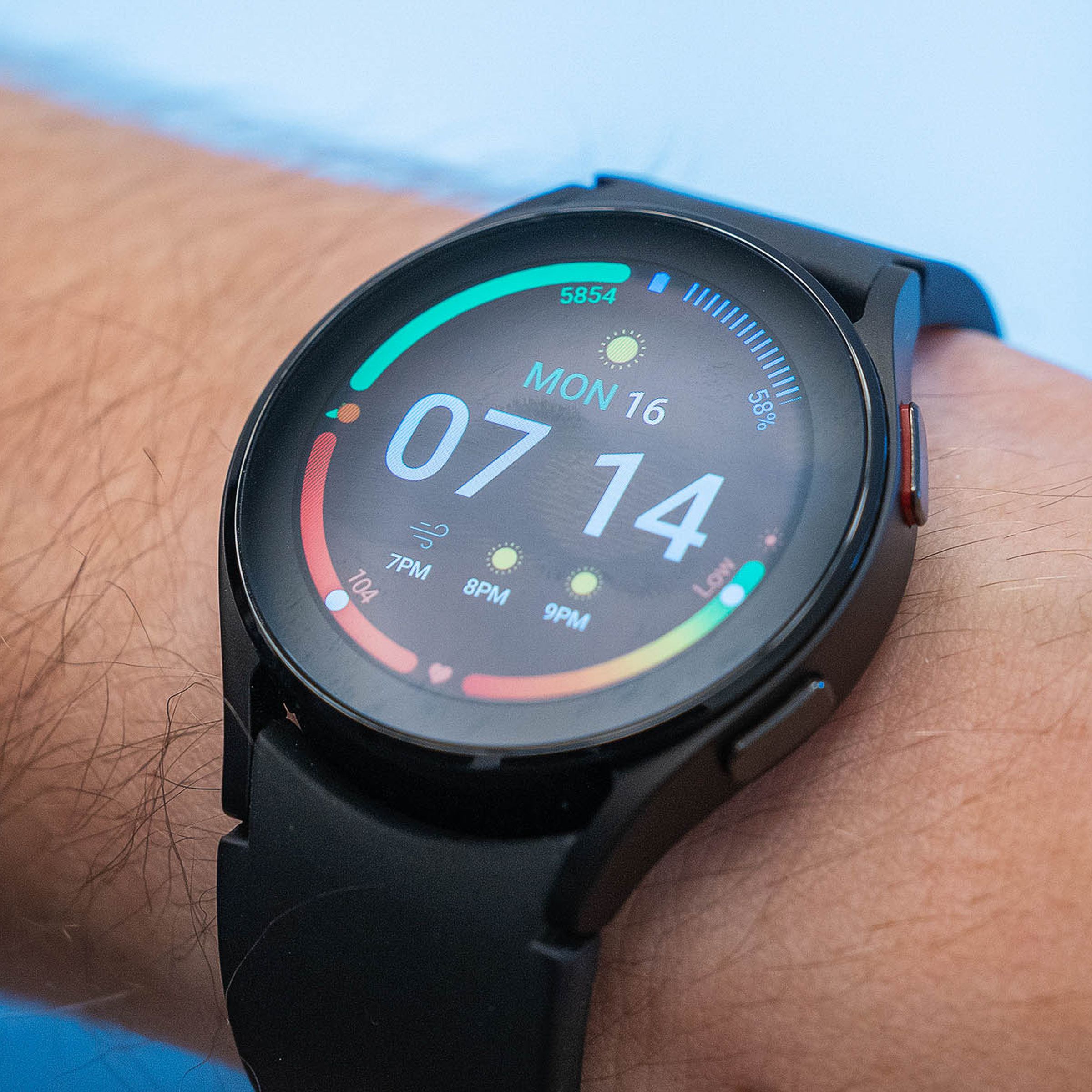 A photo of the Samsung Galaxy Watch 4 modeled on a left wrist.