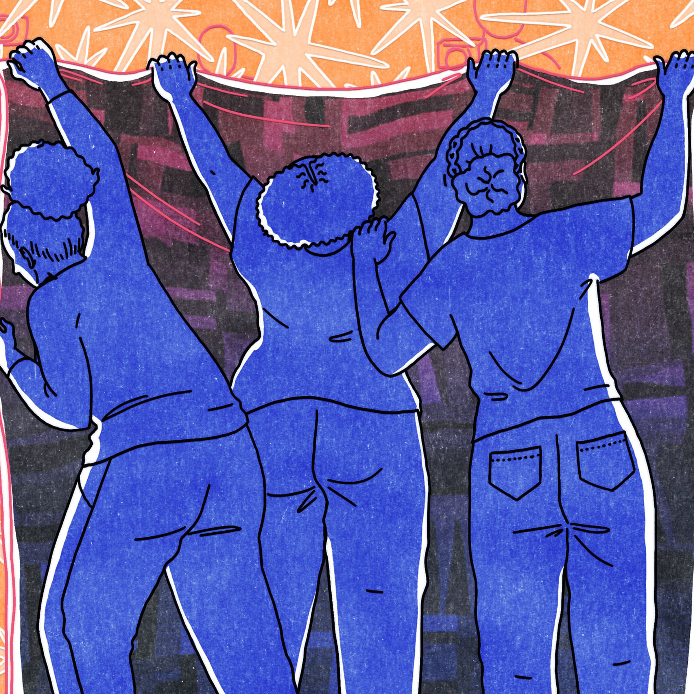 An illustration of three Black woman quilters, drawn in shades of blue, putting a quilt up against a star-patterned orange background.