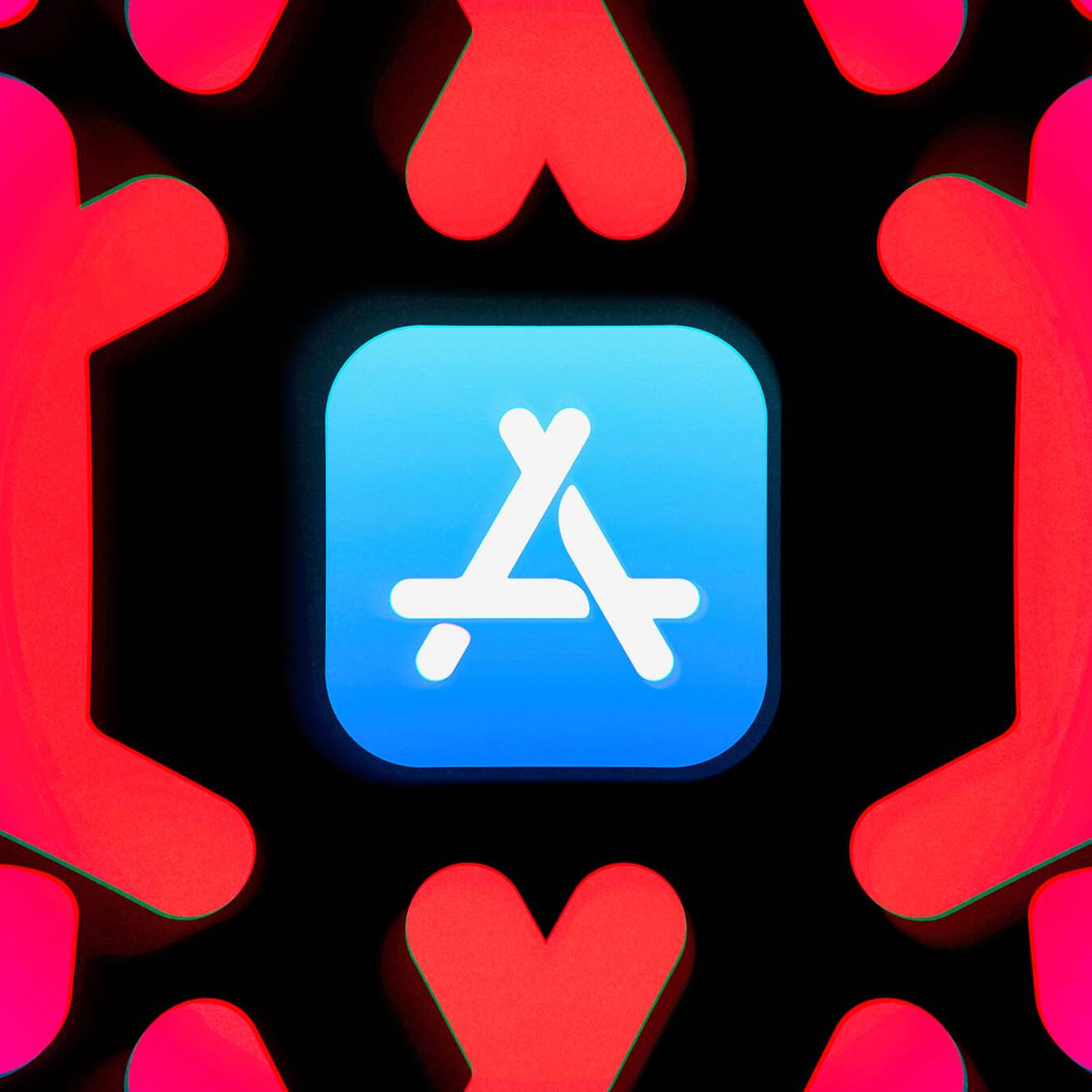 A picture of the App Store logo with larger, red versions of the App Store “A” surrounding it on a black background.