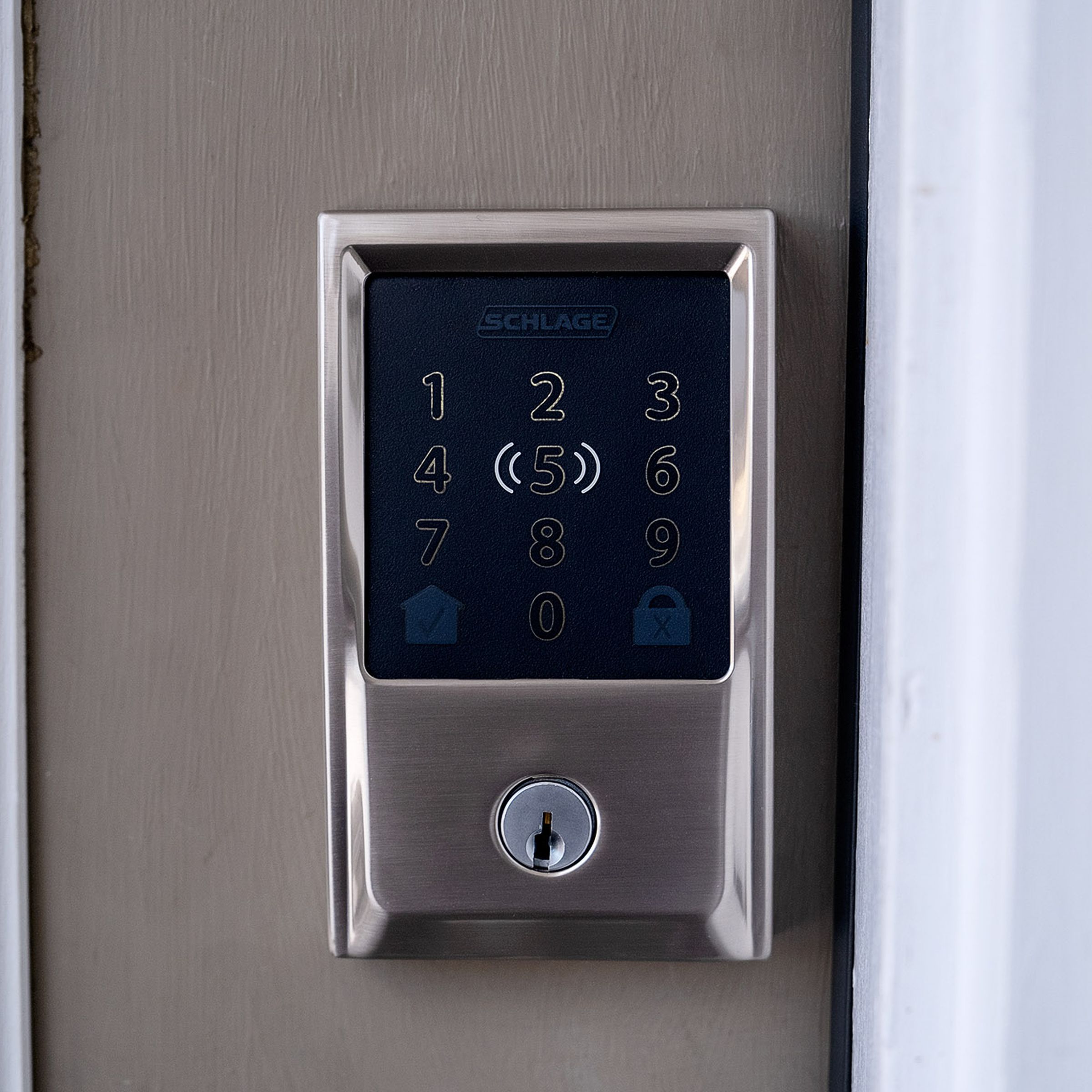 A smart door lock on a front door