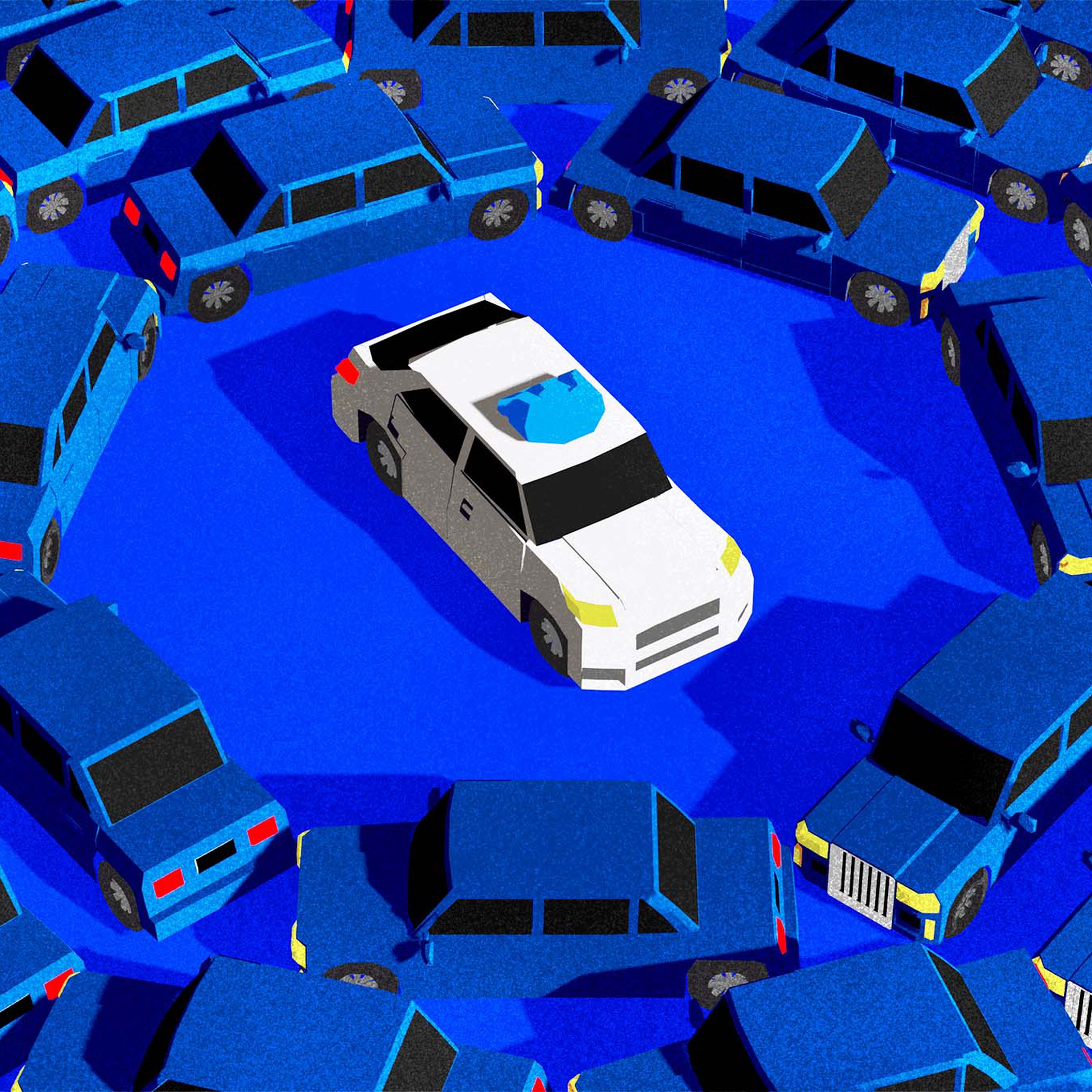Driverless car surrounded by regular cars