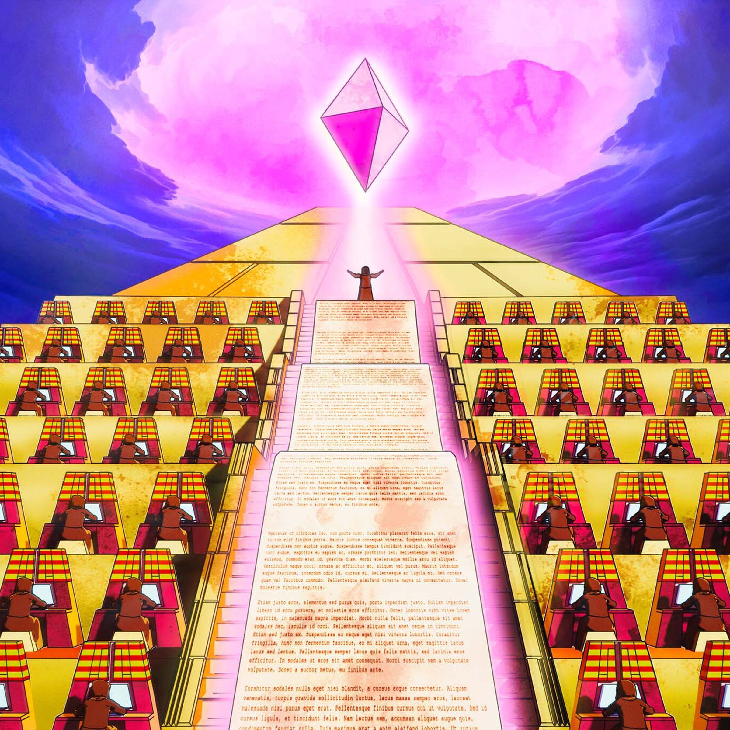 An illustration of a pyramid filled with typewriters