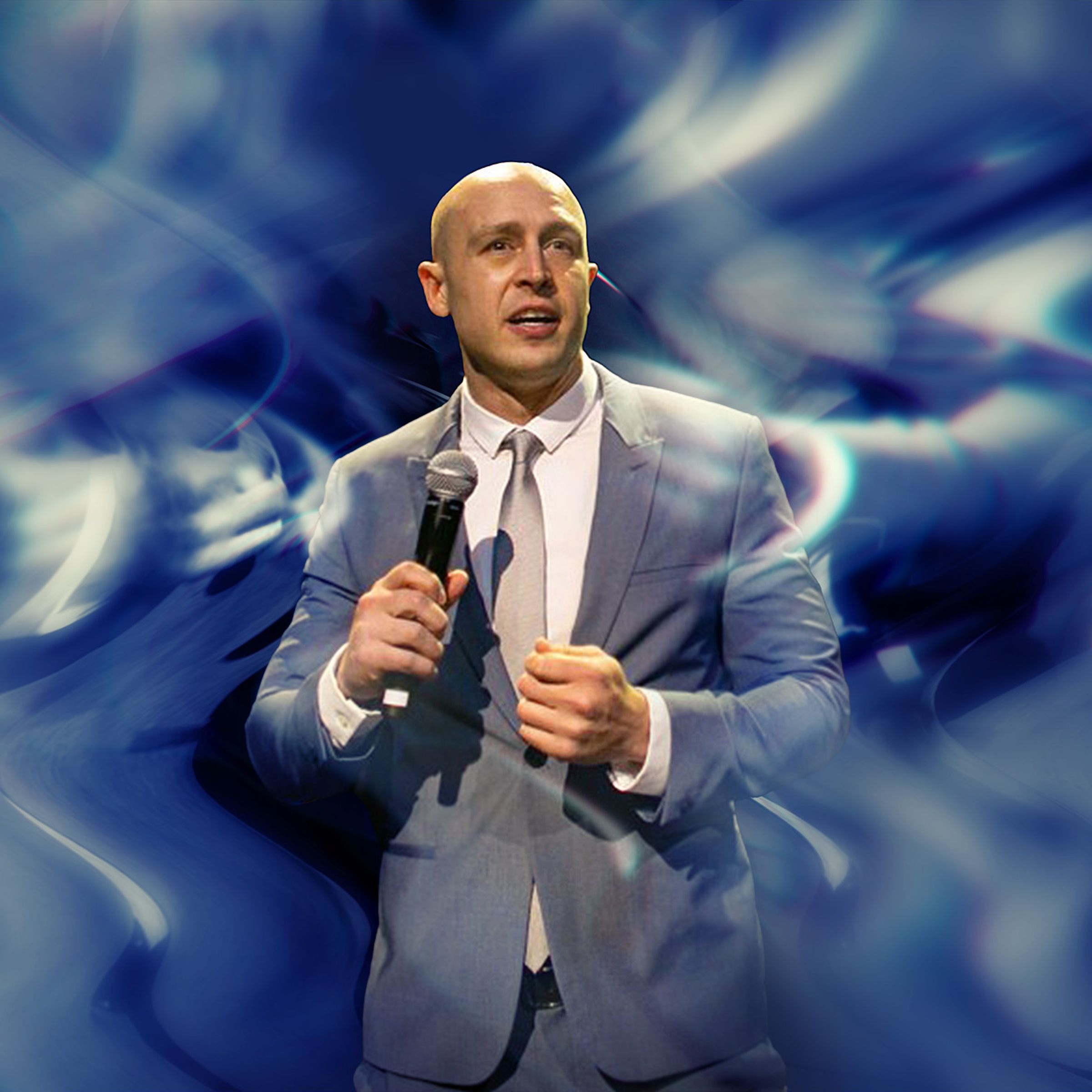 Portrait photograph of Anthony Capone holding a microphone, edited with a abstract stylized background. 