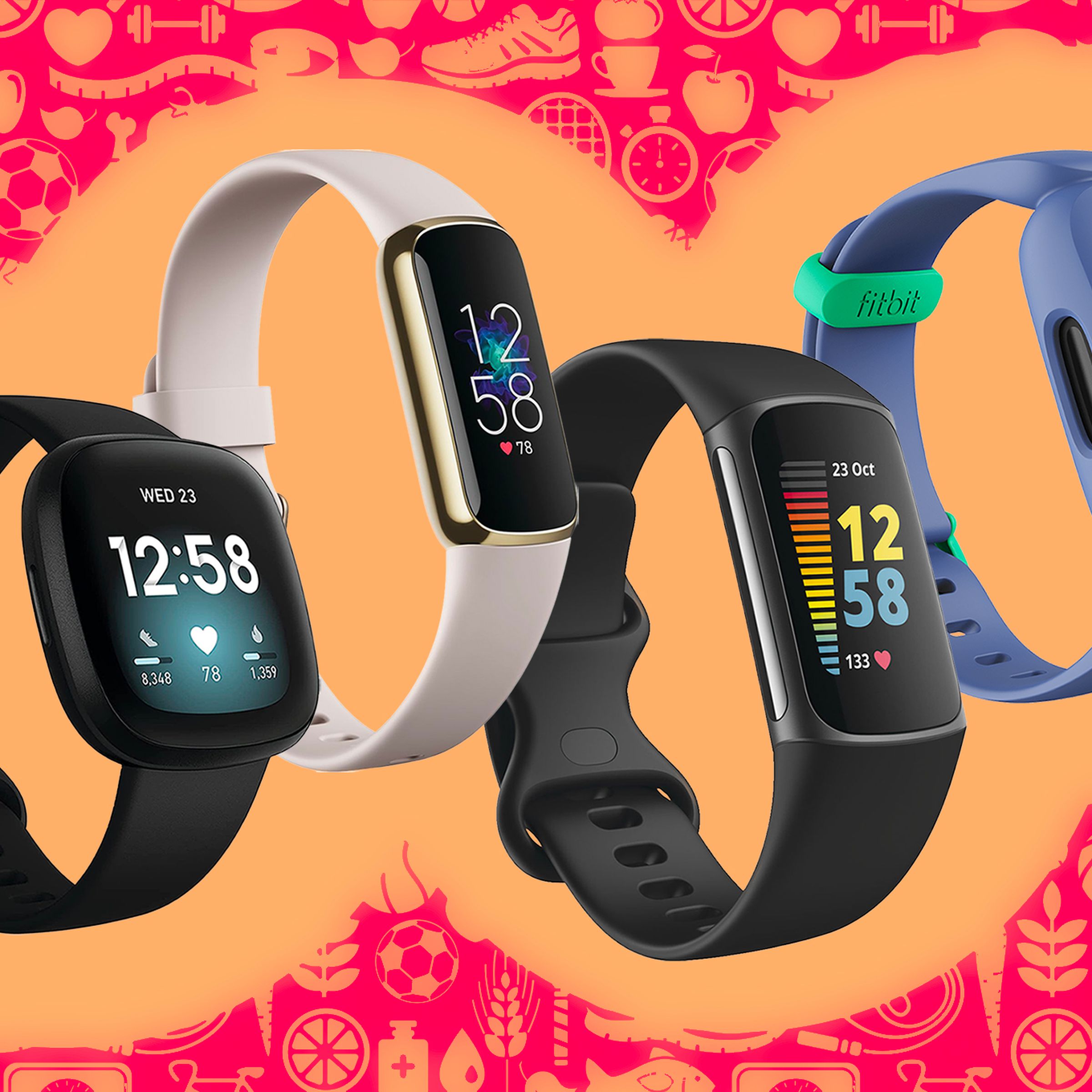 The Fitbit Versa, Fitbit Luxe, Fitbit Charge 5, and Fitbit Ace 3 fitness trackers, on an orange and red background.