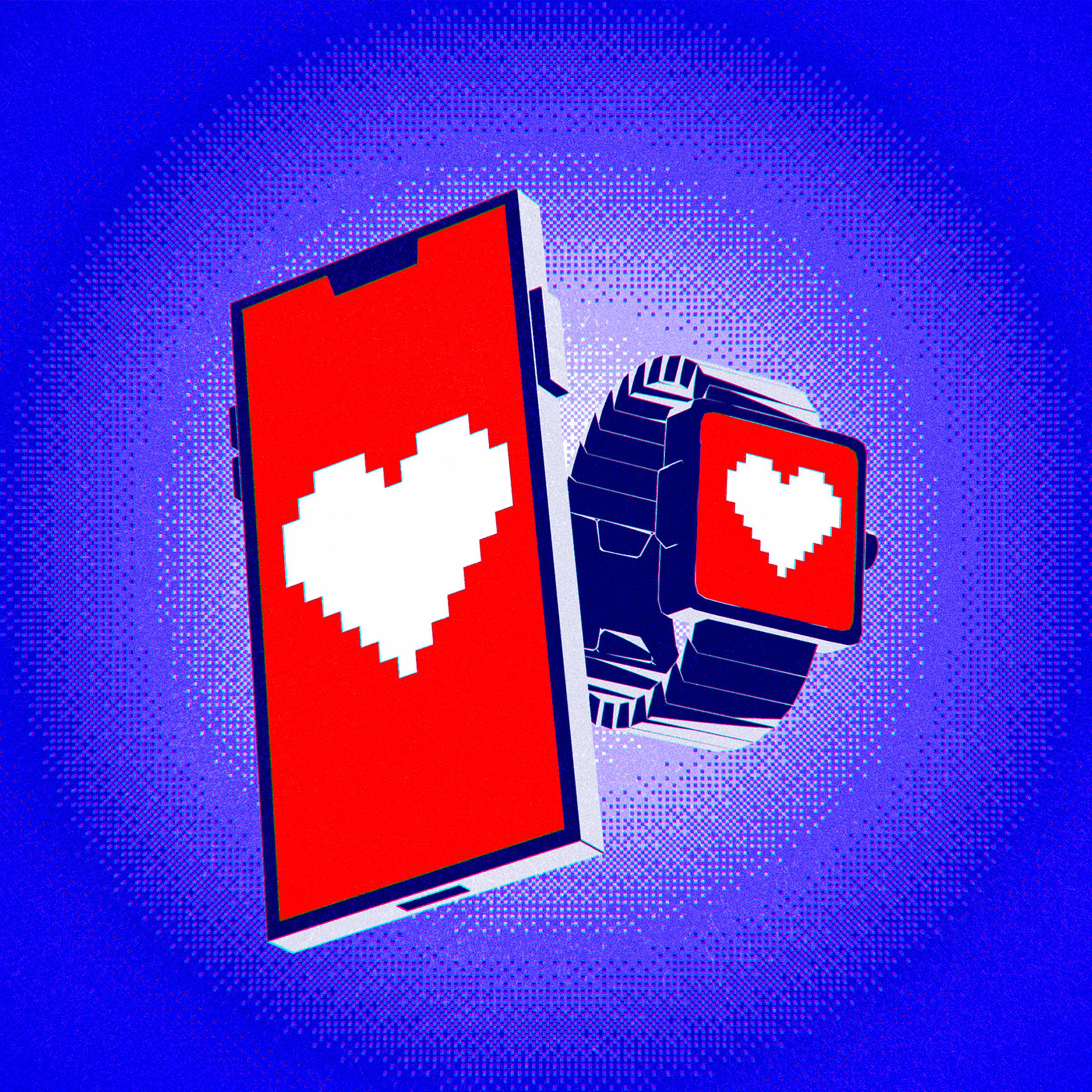 An illustration of an image of a phone and watch, with hearts on them.