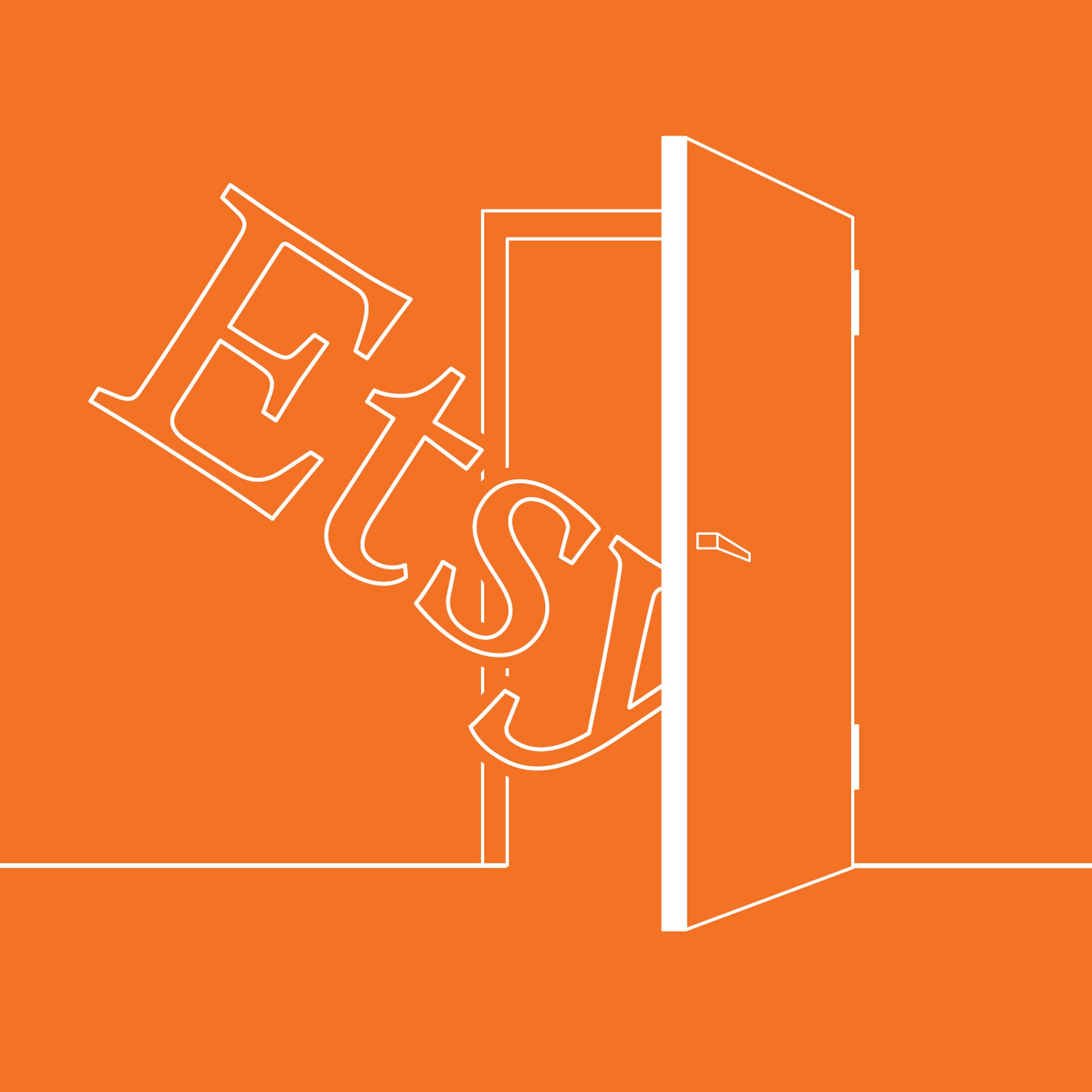 An orange illustration showing the word Etsy going out of an open door