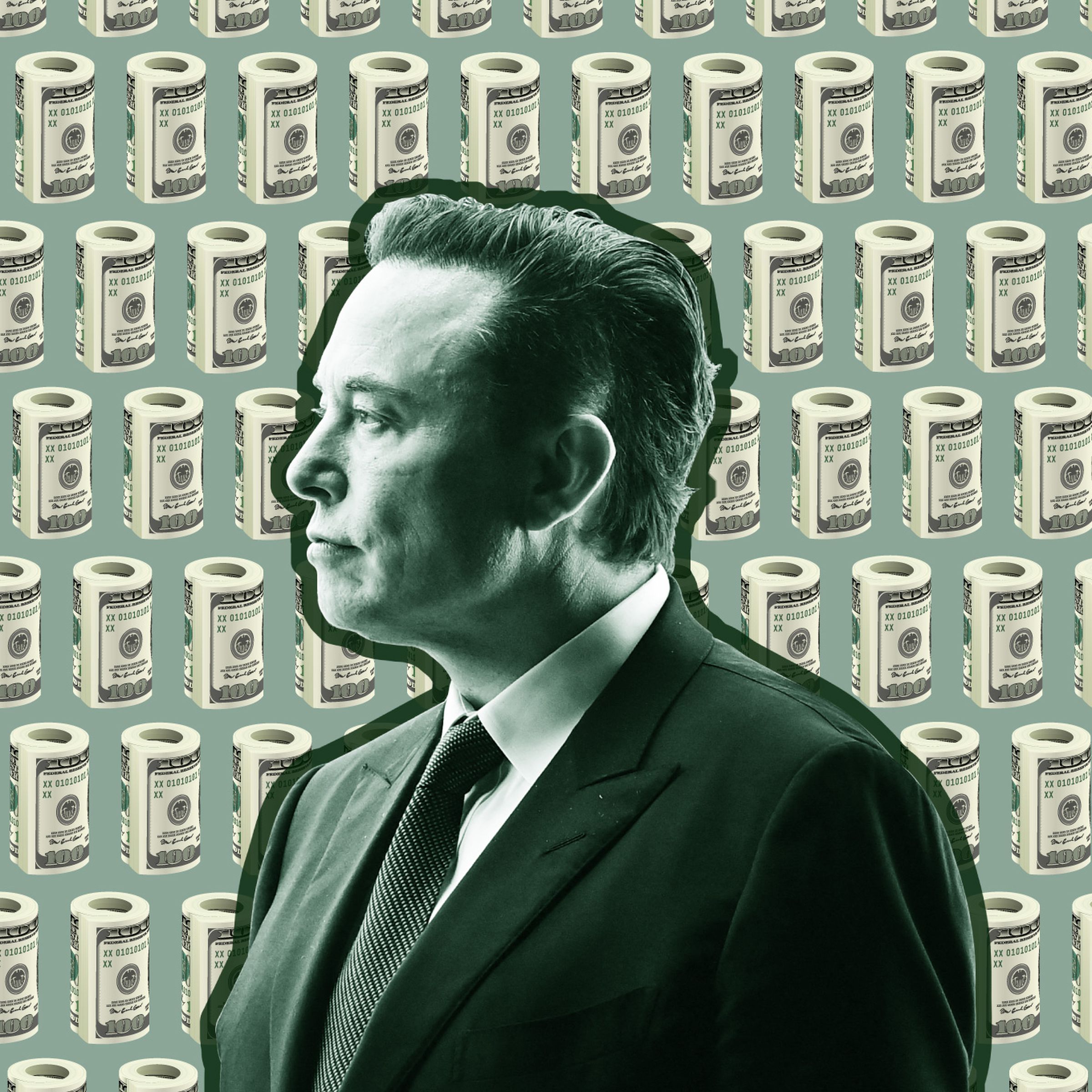 An image of Elon Musk on a background with a repeating pattern of folded dollar bills