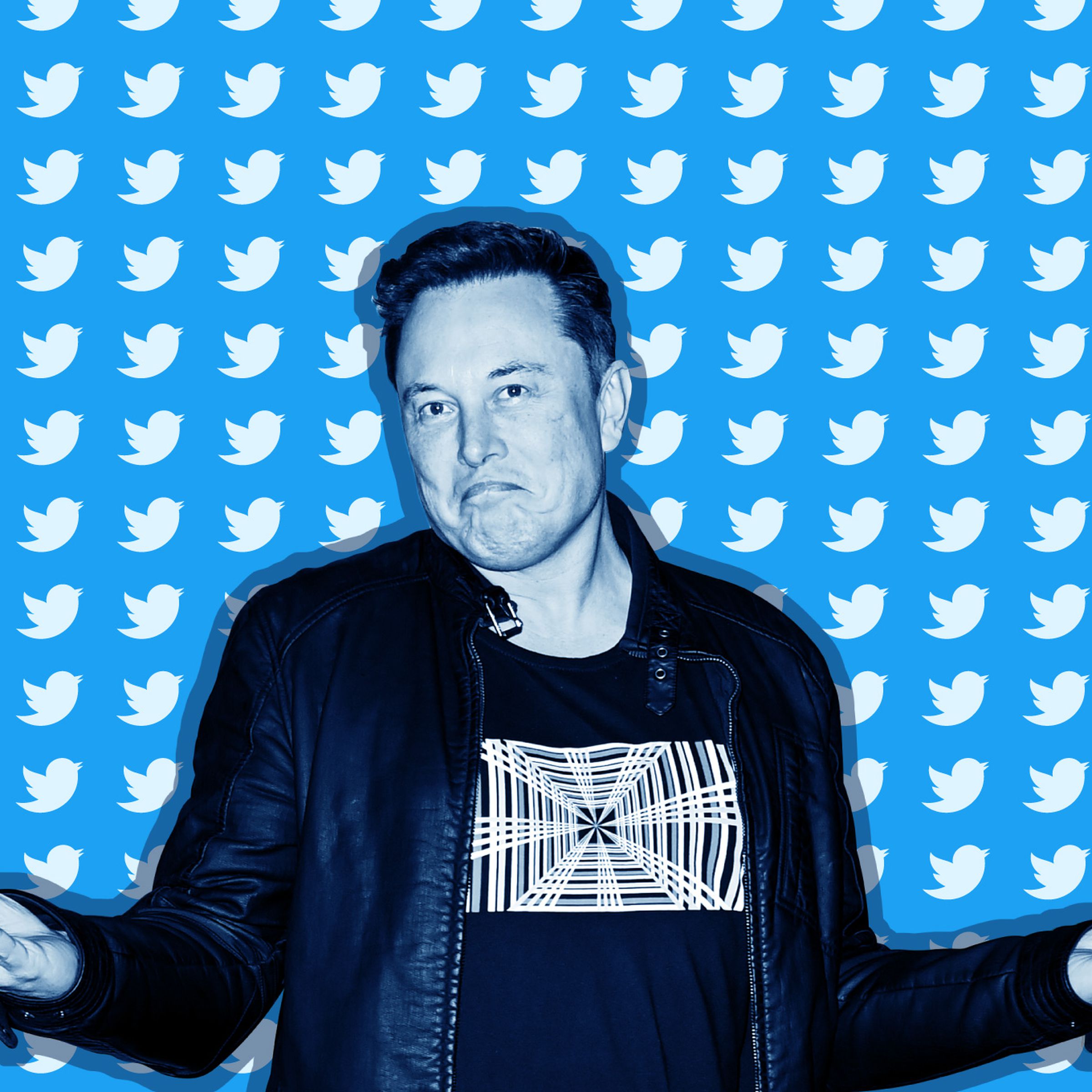 Elon Musk shrugging on a background with the Twitter logo