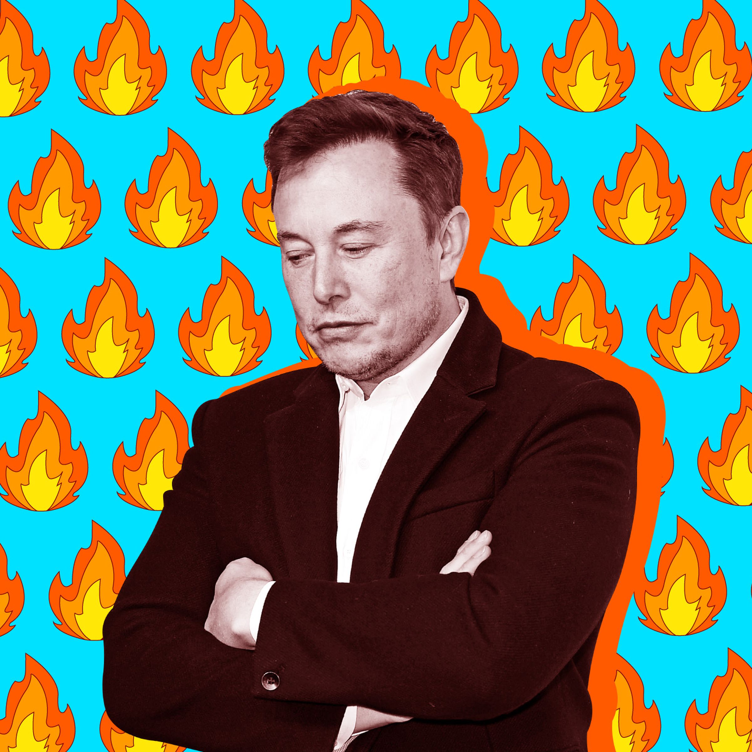 Elon Musk stands, frowning, in front of flame emoji