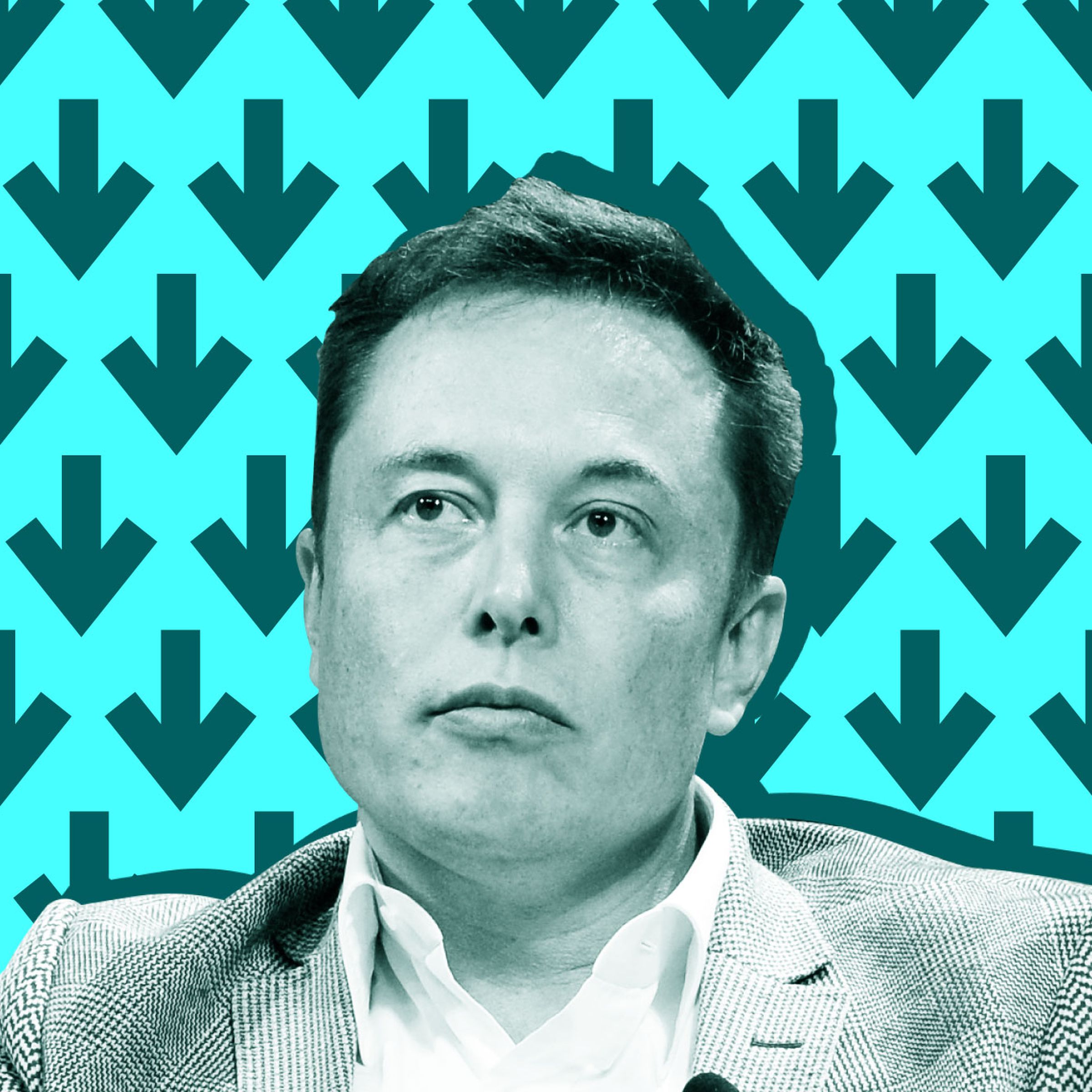 Elon Musk on a blue backdrop surrounded by downward pointing arrows