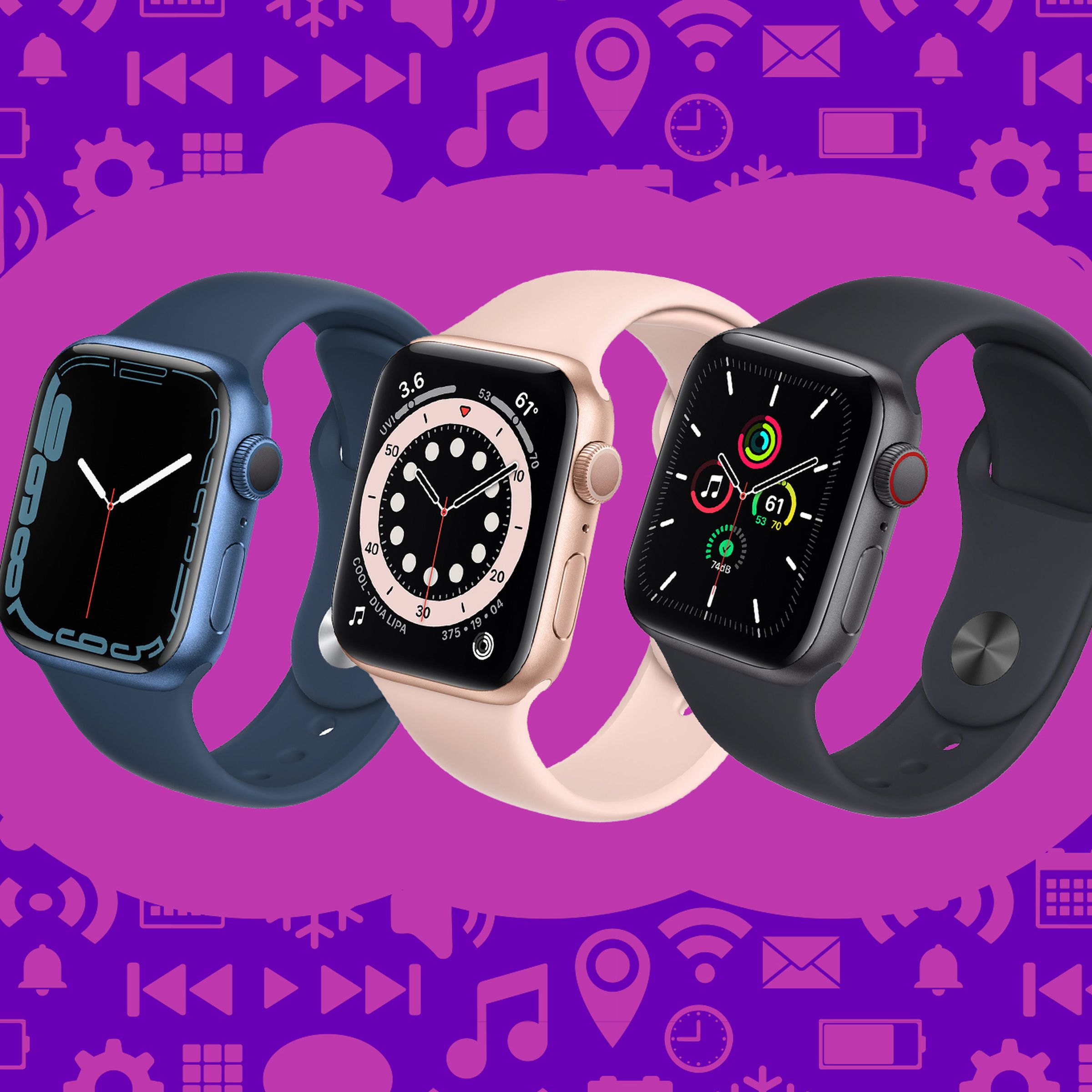 Renders of various Apple Watch models on a colorful illustrated background.