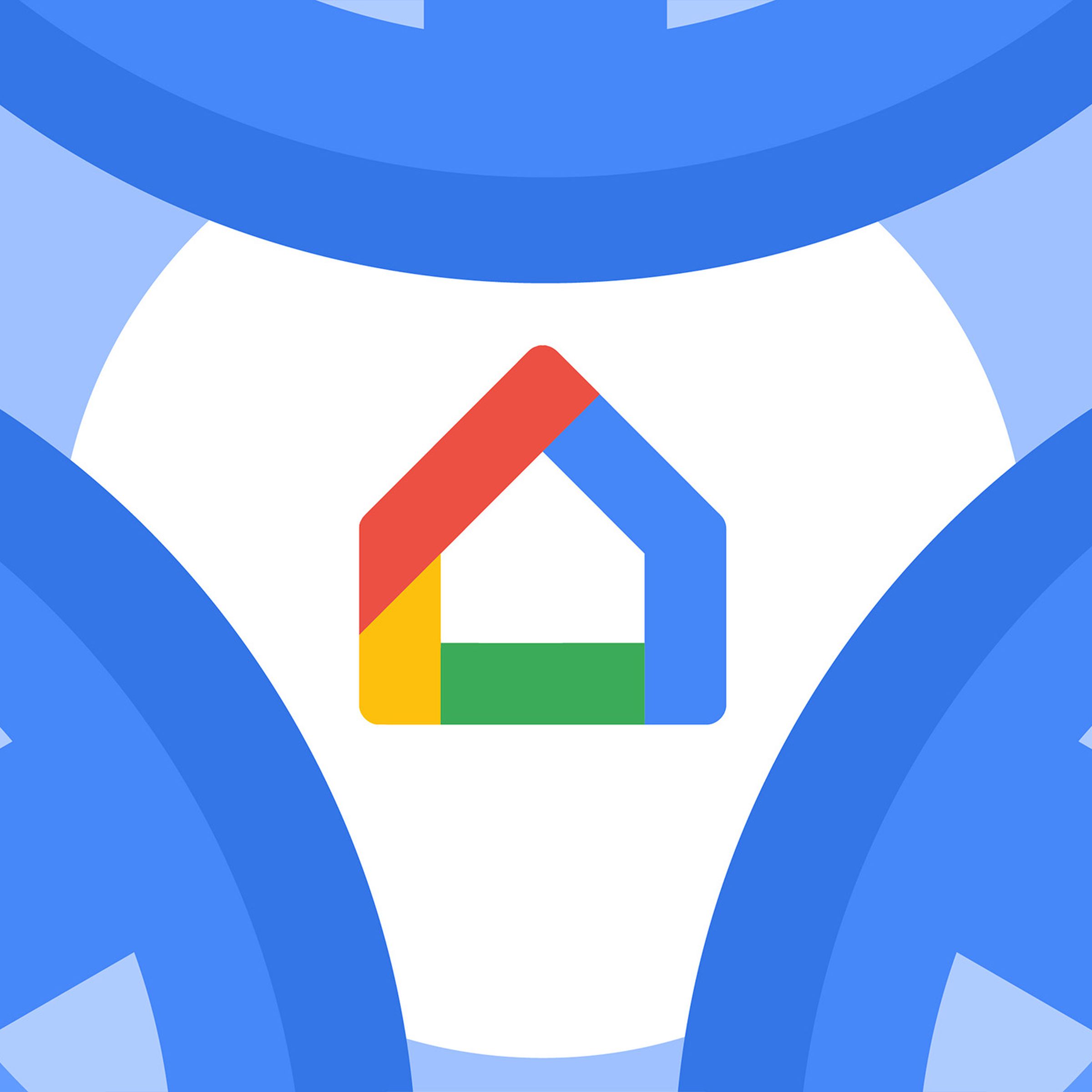 A Google Home logo on a blue and white illustration with the Matter logo.