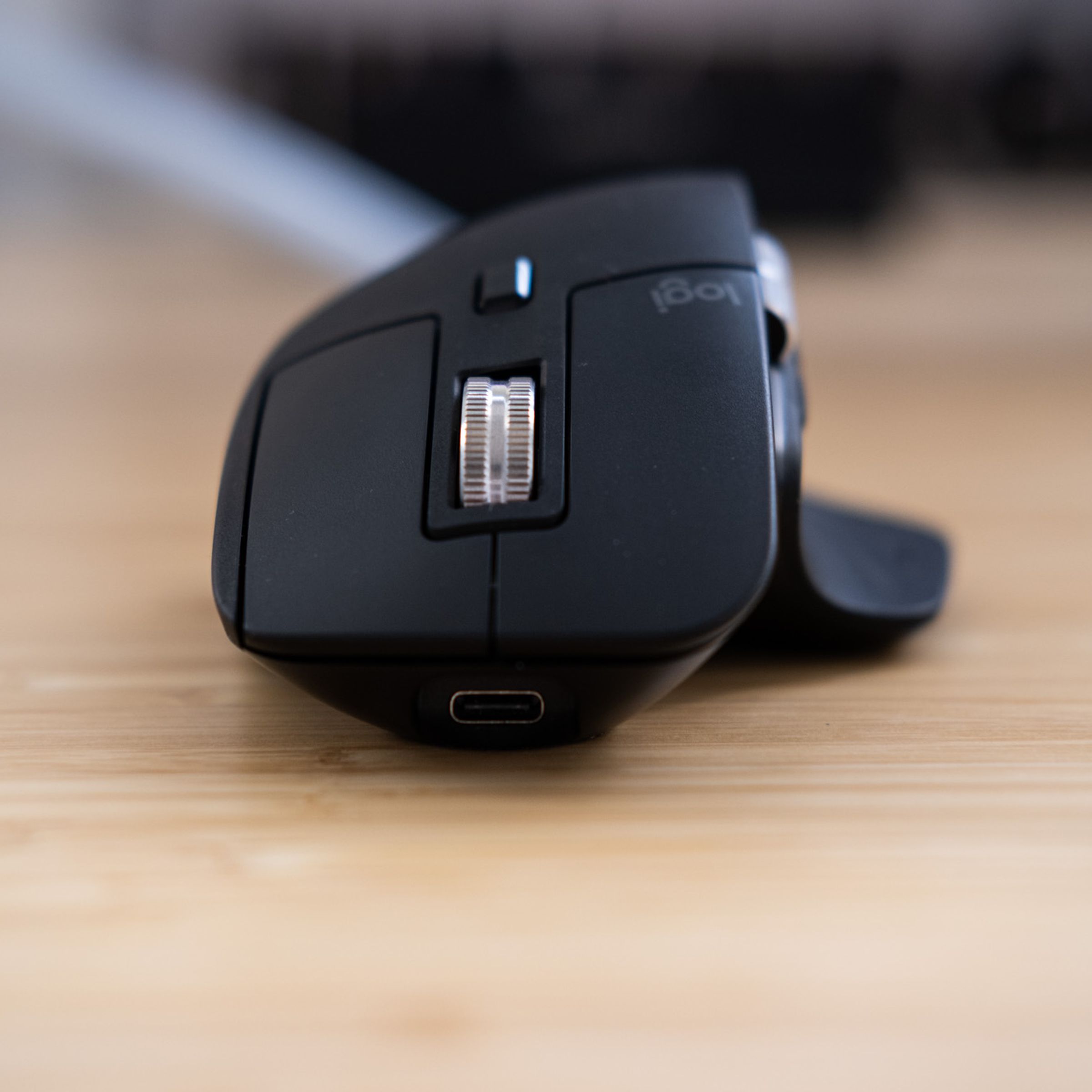 The Logitech MX Master 3S mouse as viewed from the front.