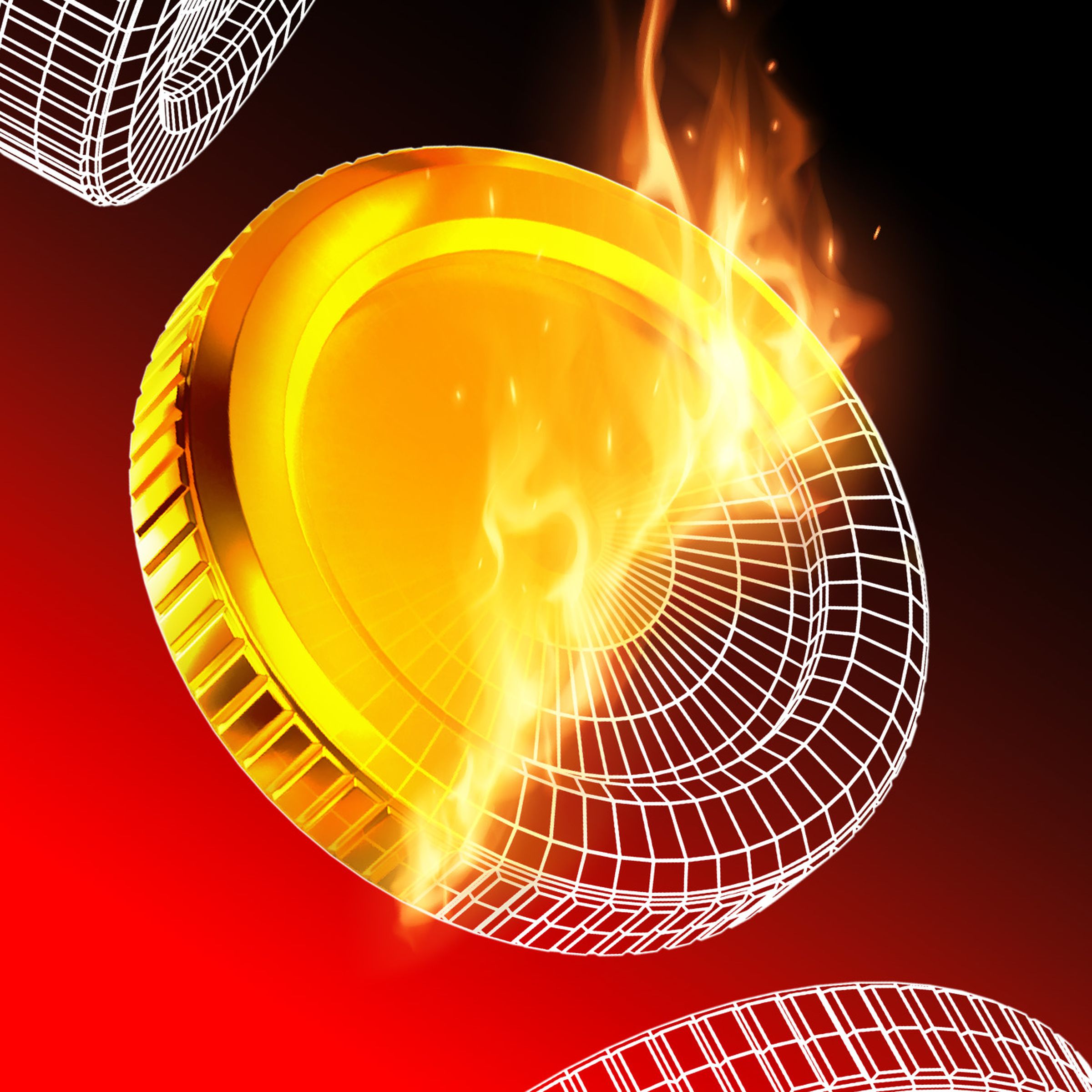 A coin is set aflame to reveal a digital wireframe underneath.