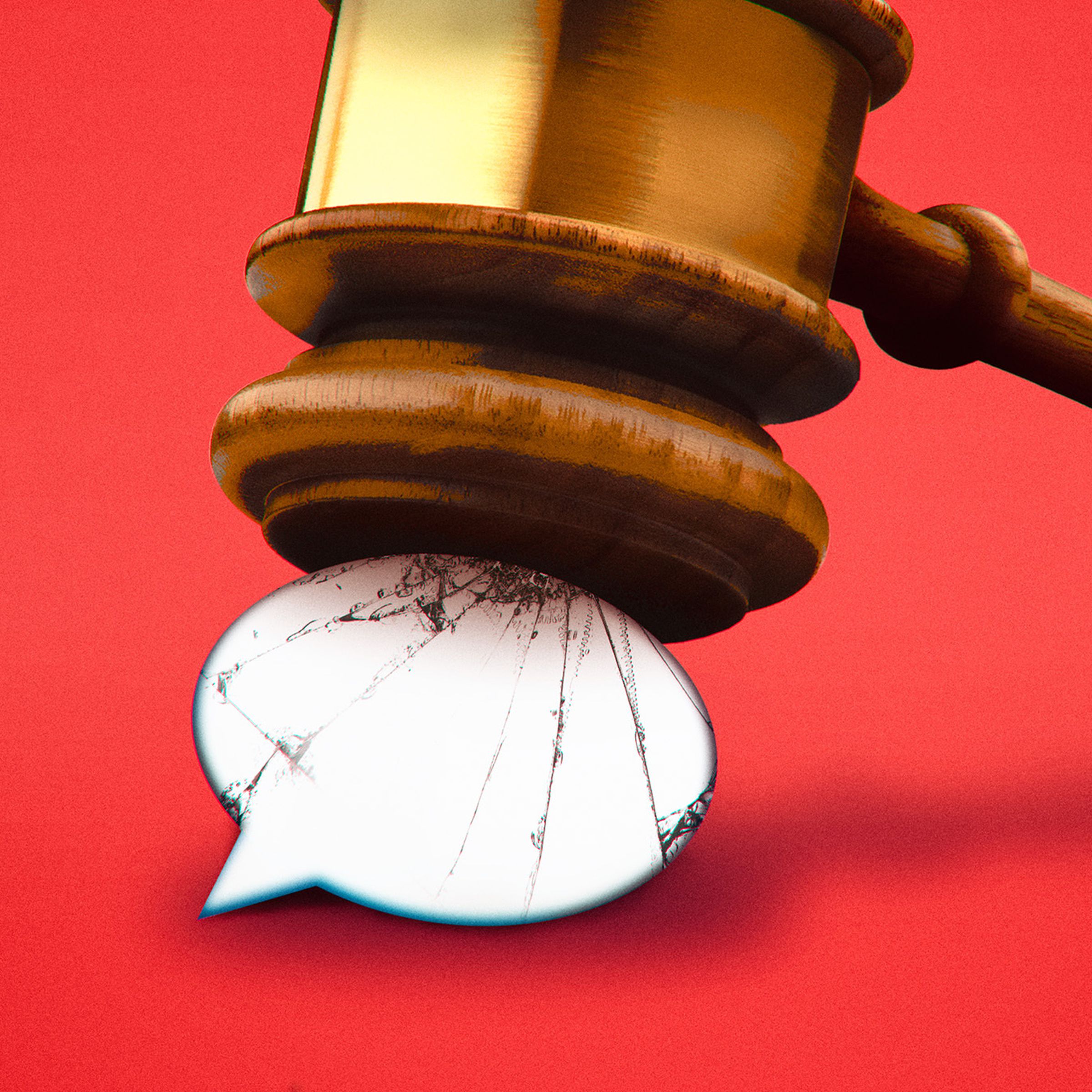 A speech bubble being crushed by a gavel against a red background