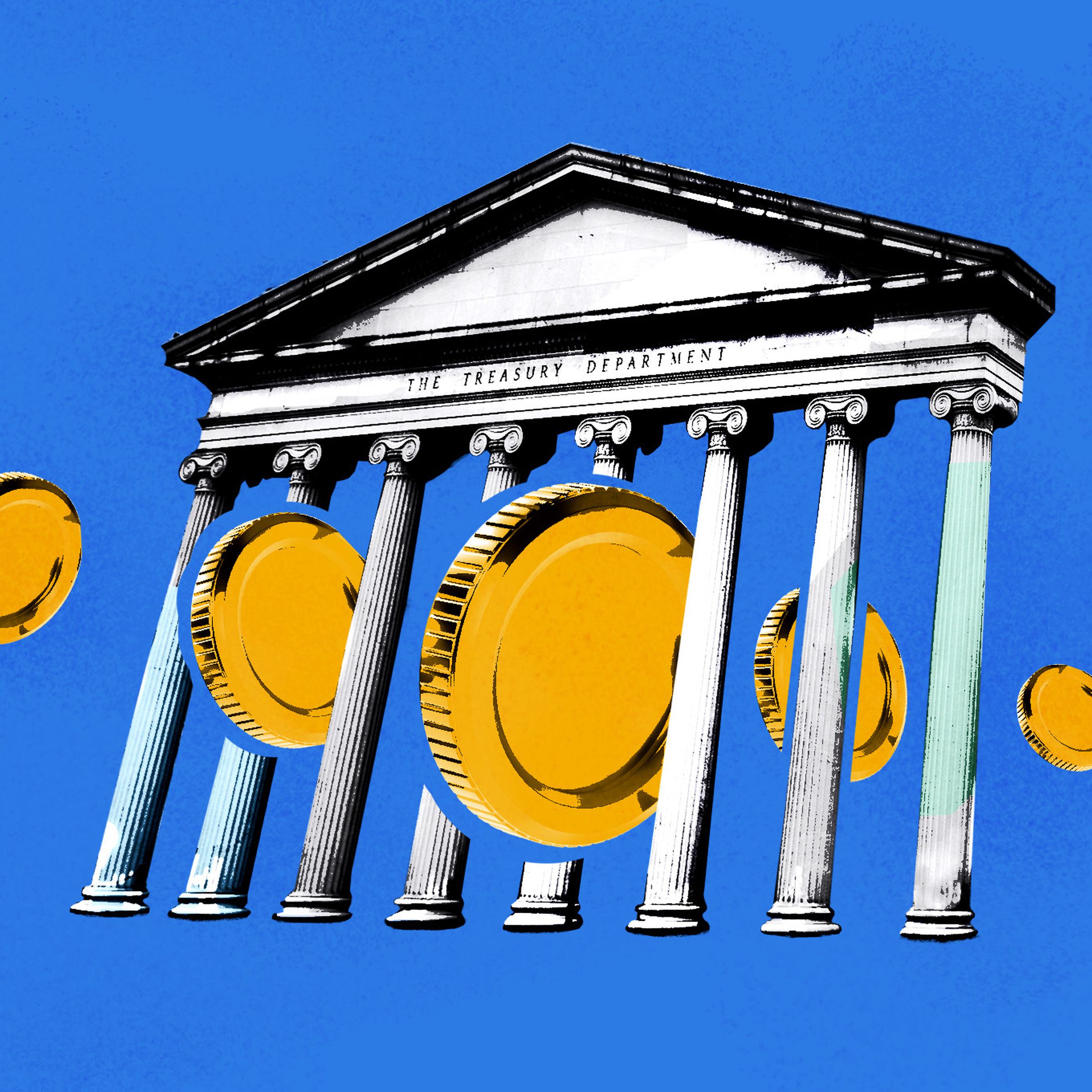 Illustration of coins passing through the pillars of the Supreme Court portico