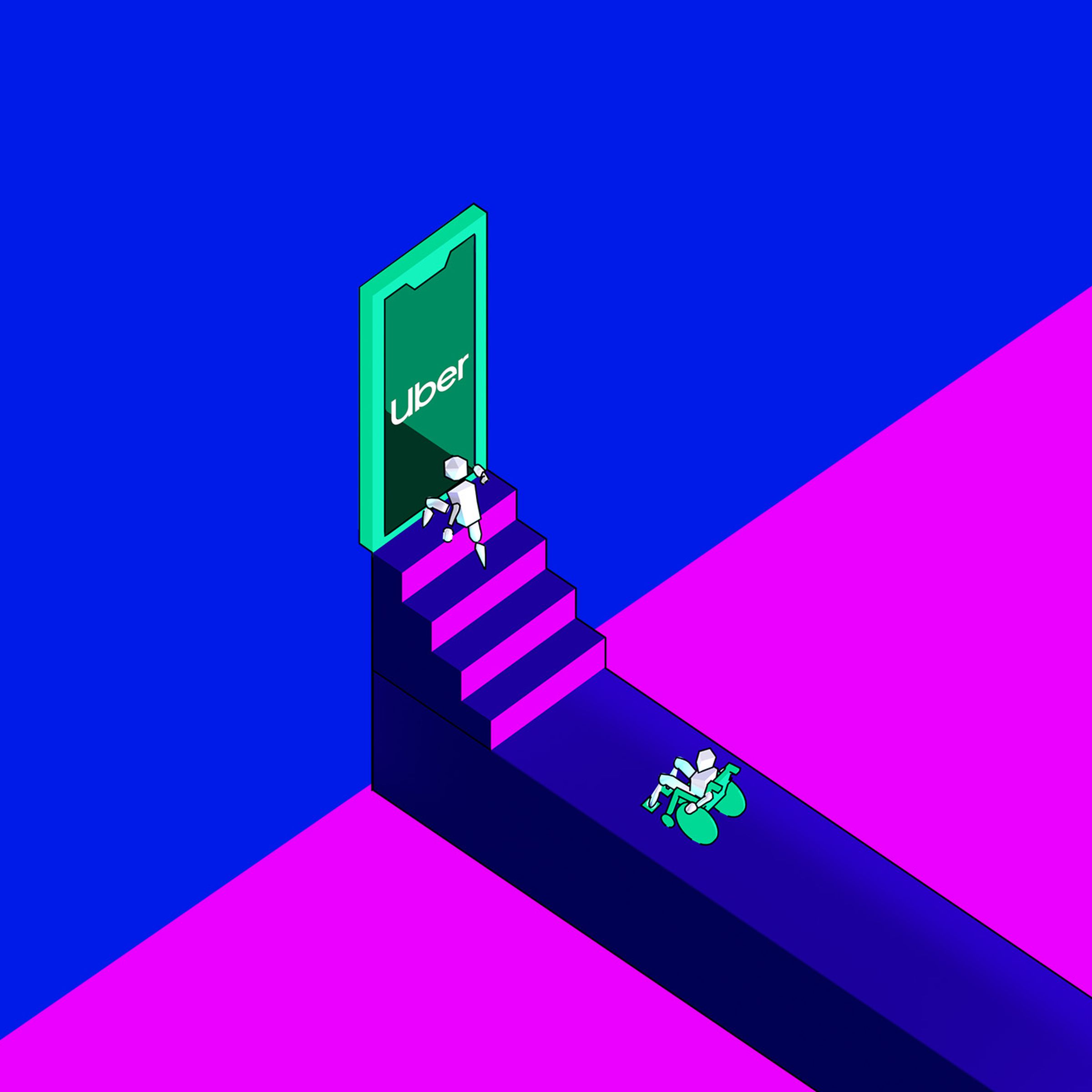 A character in a wheelchair watches from below as another character climbs stairs and walks through an opening in a wall labeled “Uber.” The opening is in the shape of a smartphone.