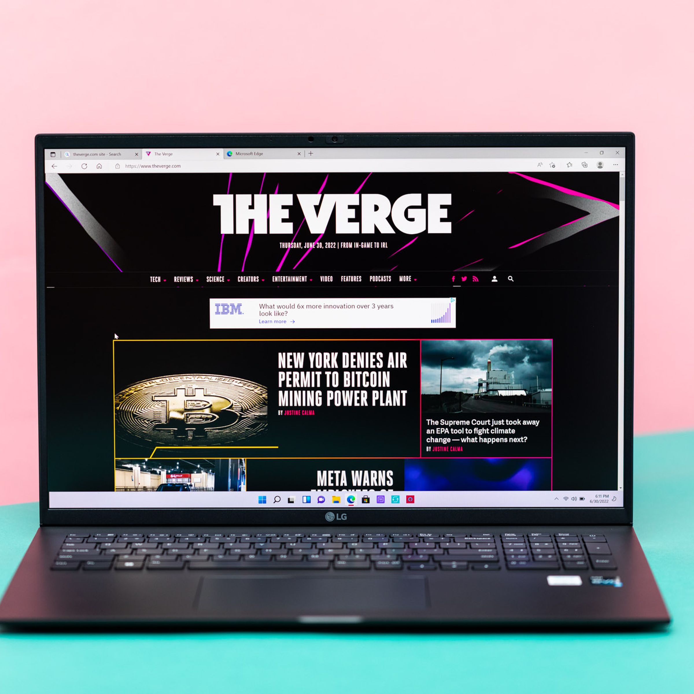 The LG Gram 17 open, displaying The Verge homepage.