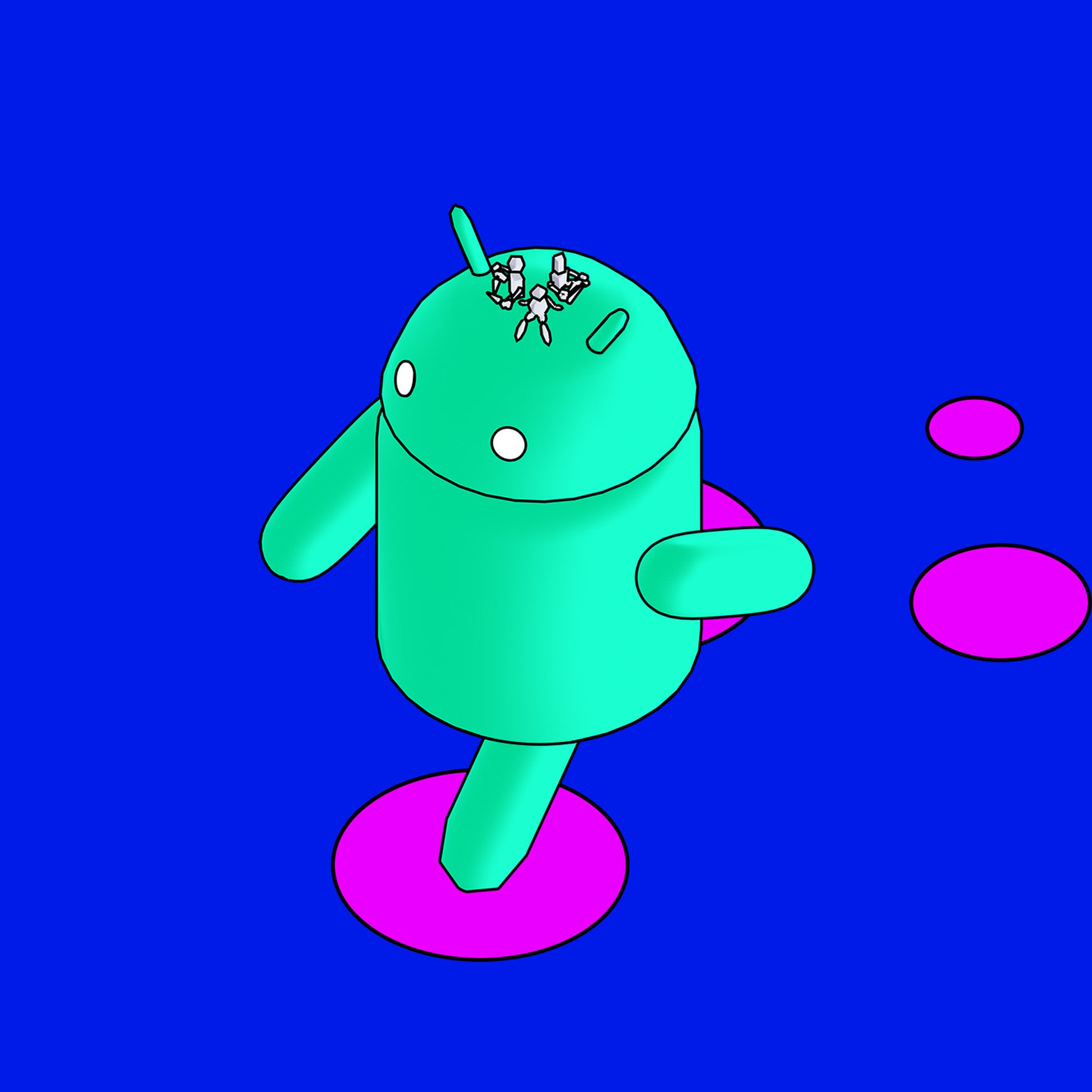 Three characters sit on top of a large android, inspired by the Android logo, across an open area.