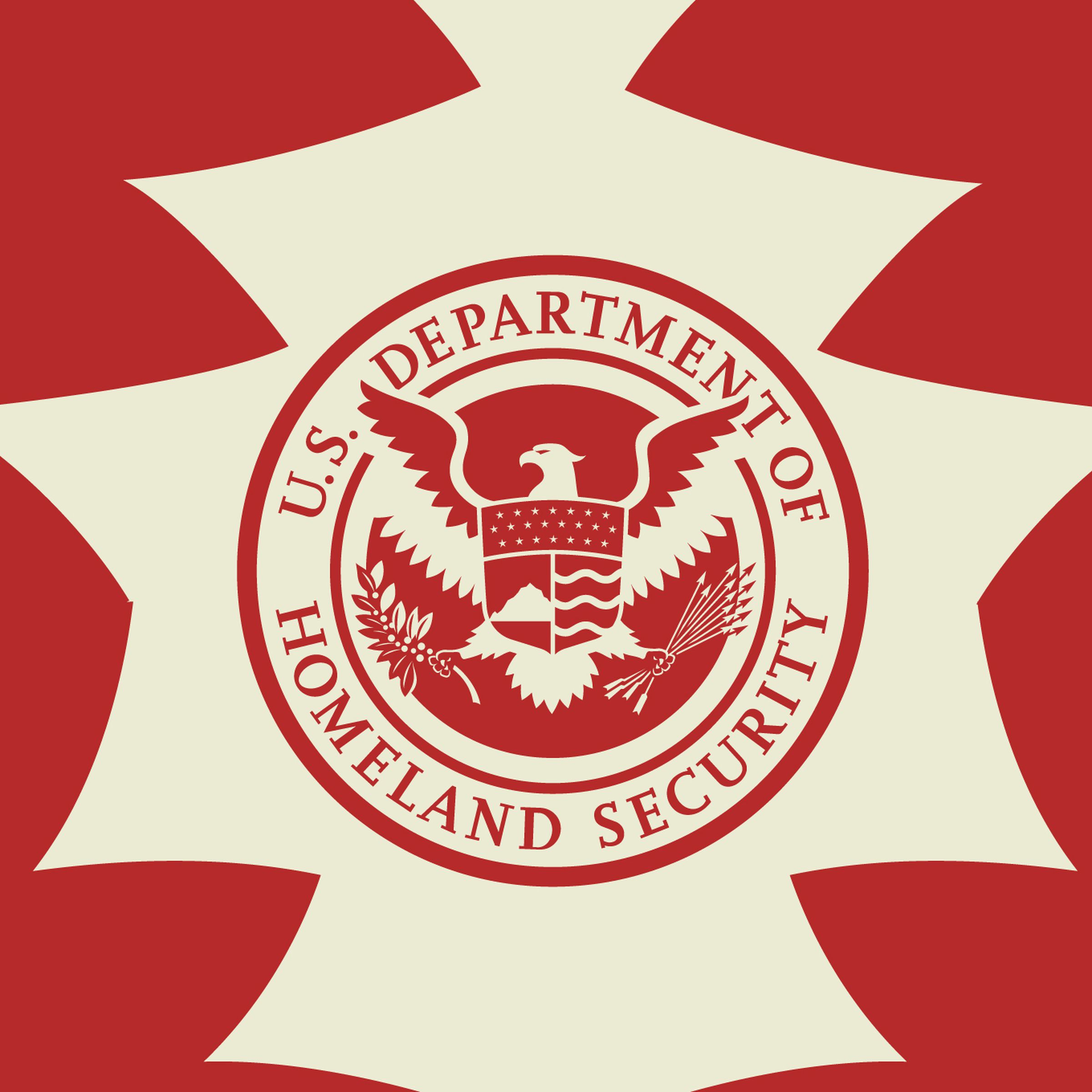 Illustration of the seal for the US Department of Homeland Security on a red and tan background.
