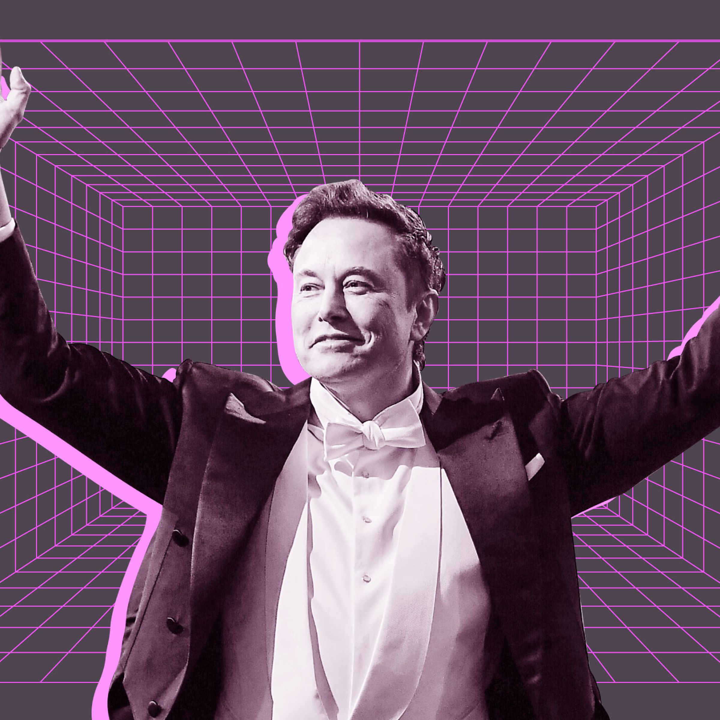 Elon Musk grins in a photo illustration, lifting his arms over his head triumphantly