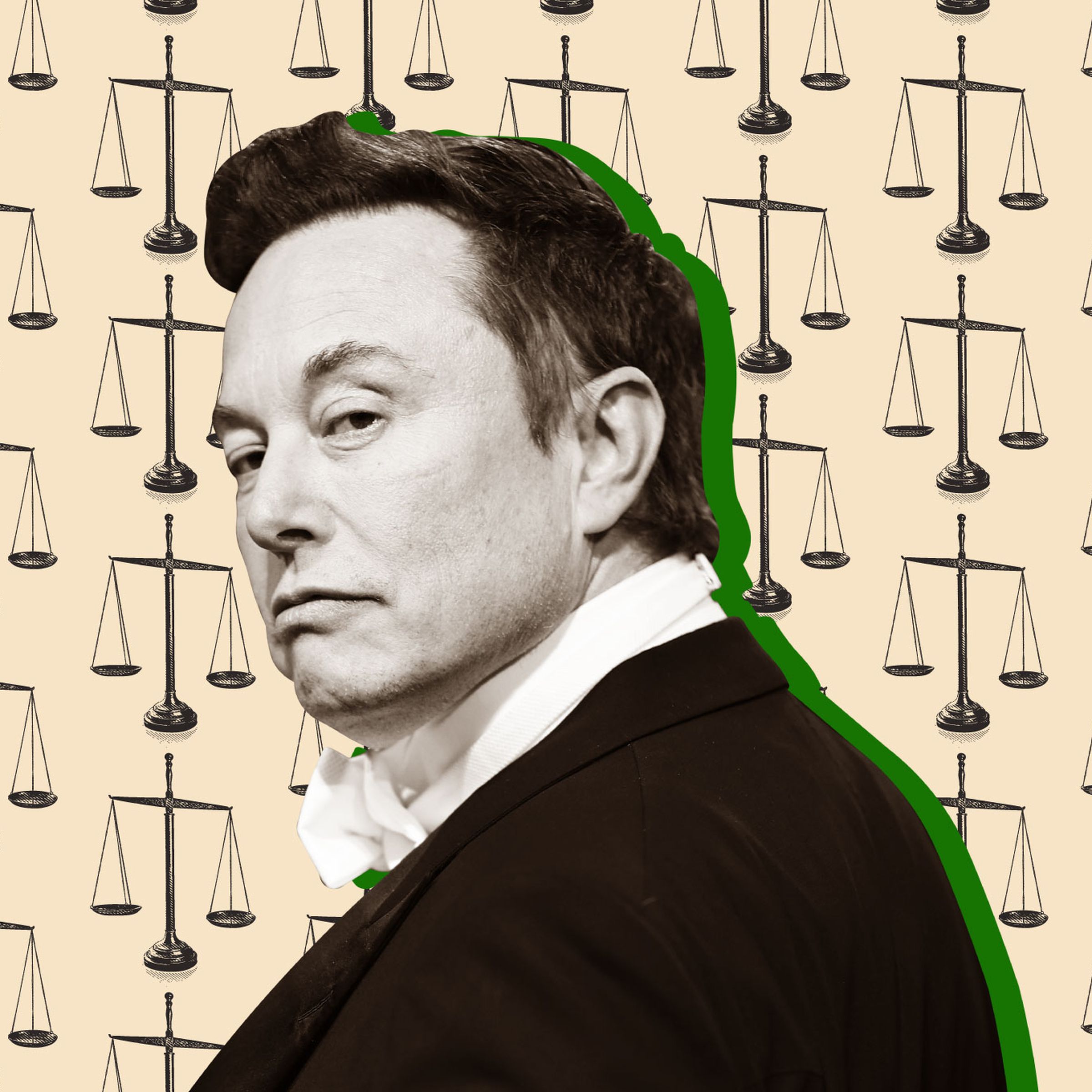 An image of Elon Musk in front of trial scales.