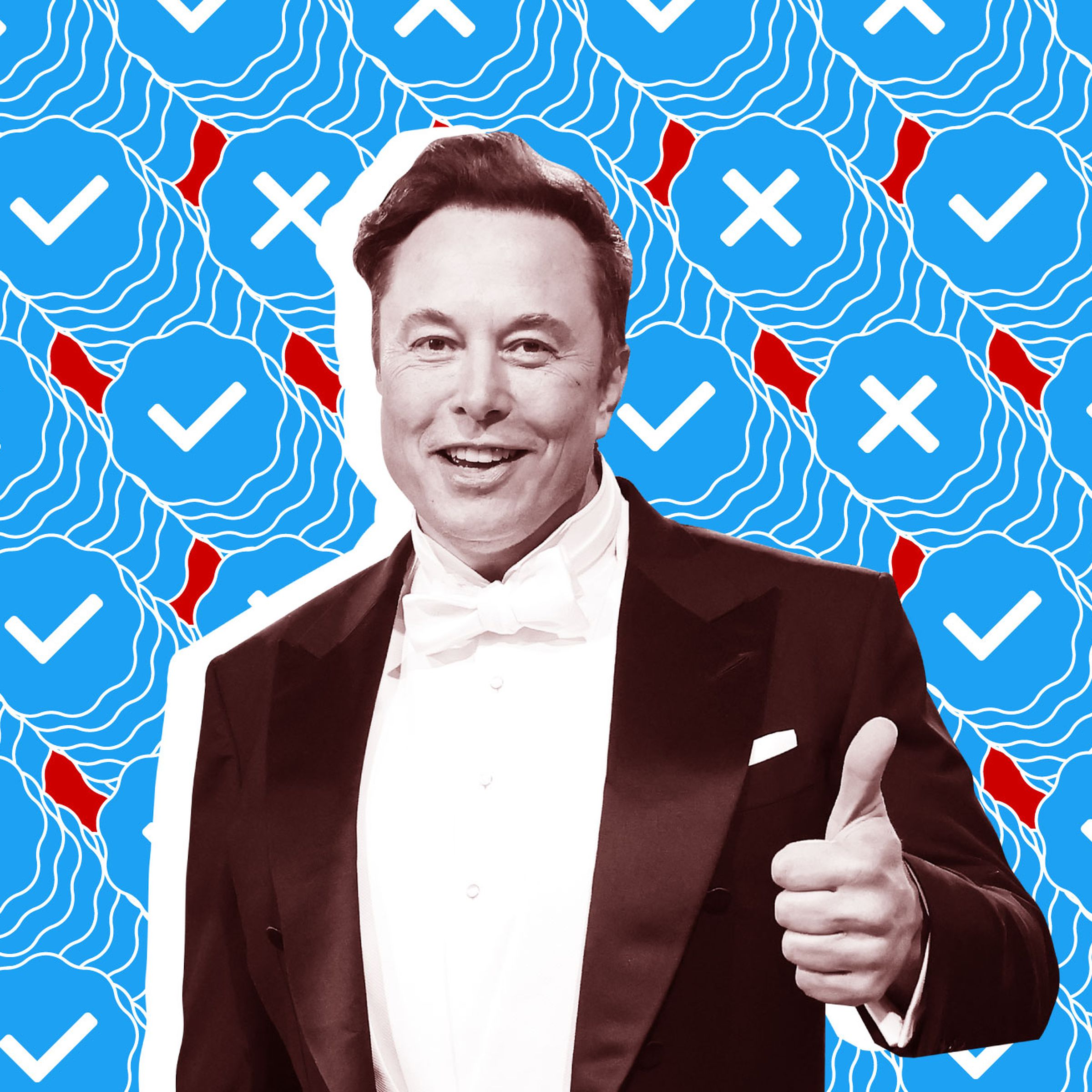 Elon Musk, with a background of Twitter badges