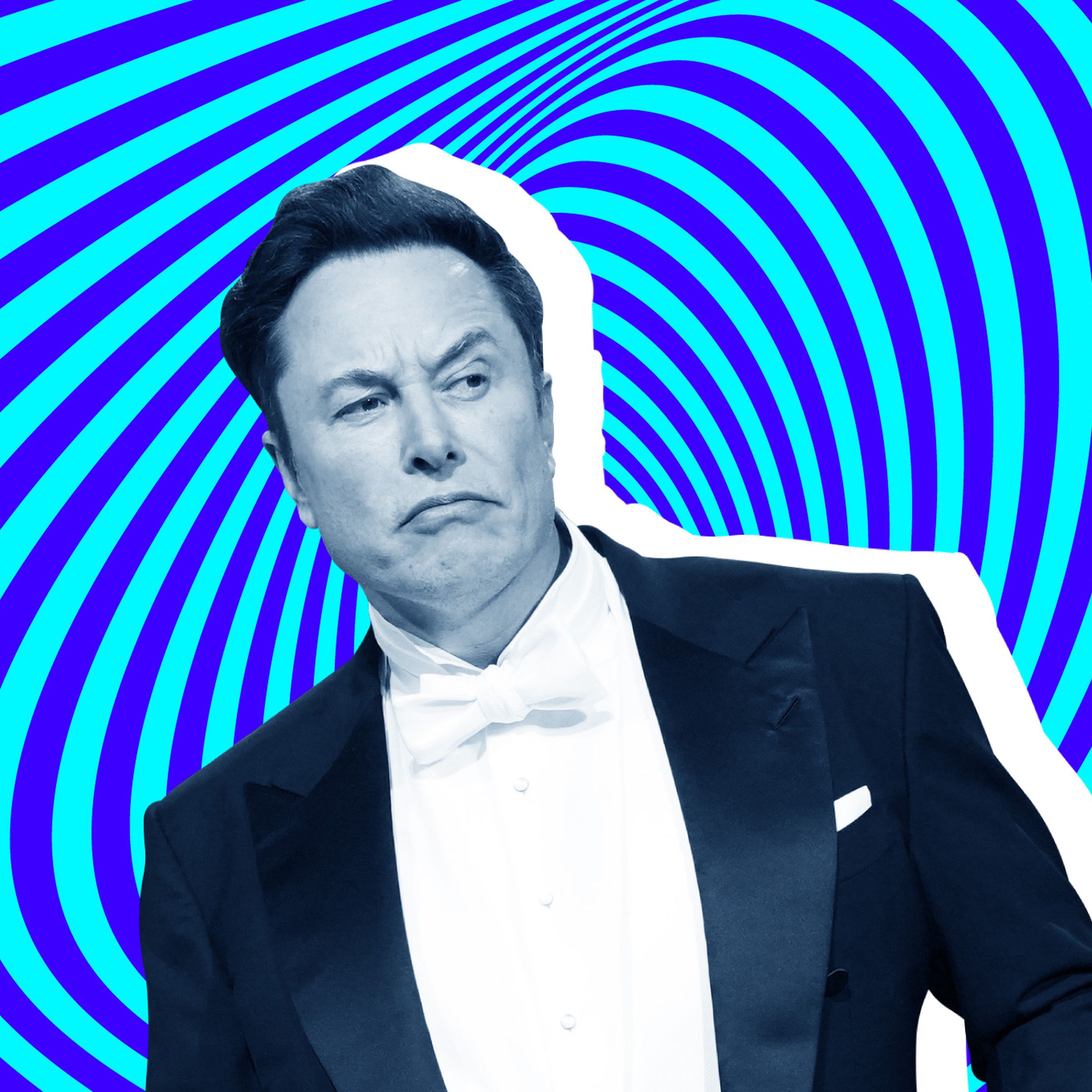 An image of Elon Musk on a blue illustrated background.