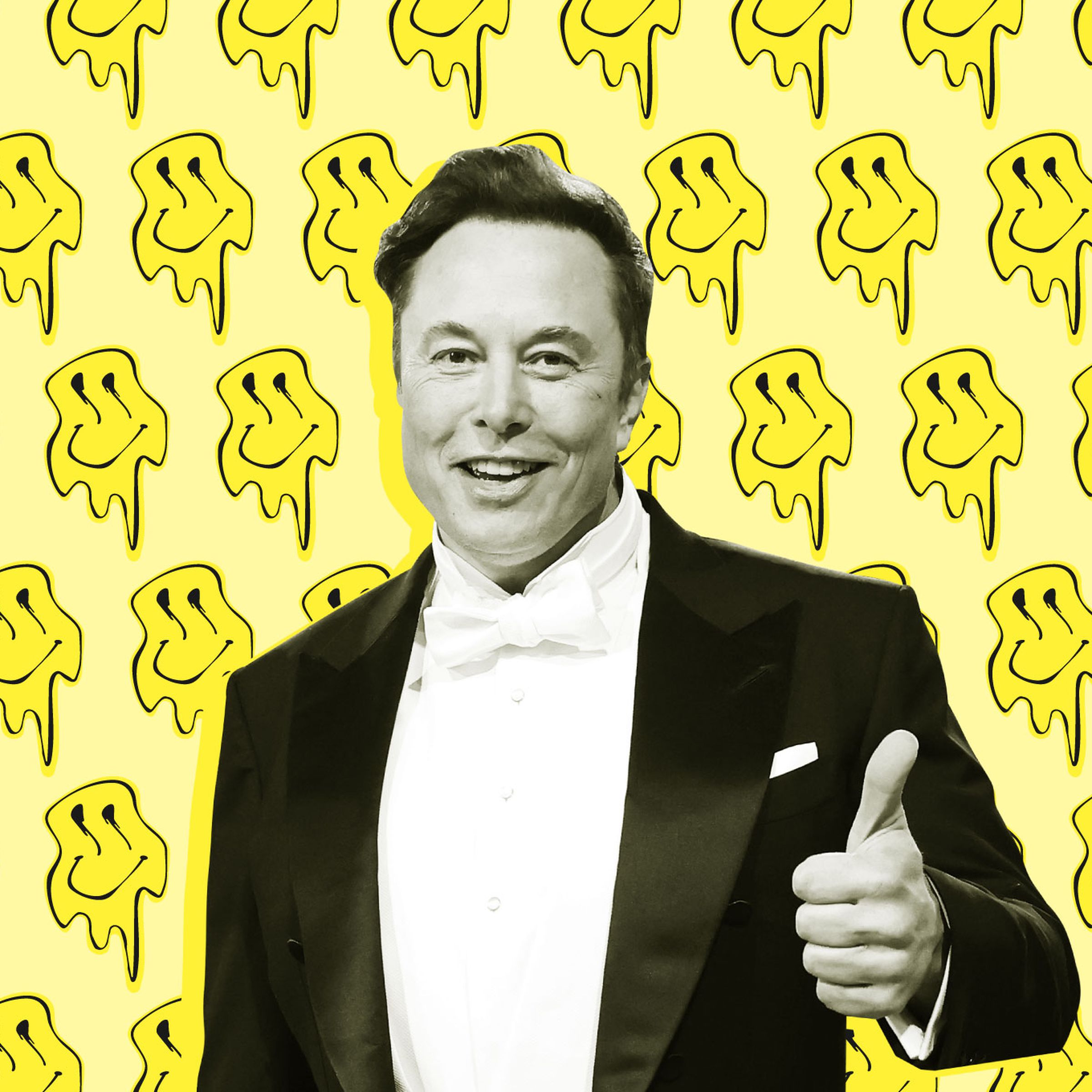 Elon Musk gives a thumbs up while smiley faces melt in the background