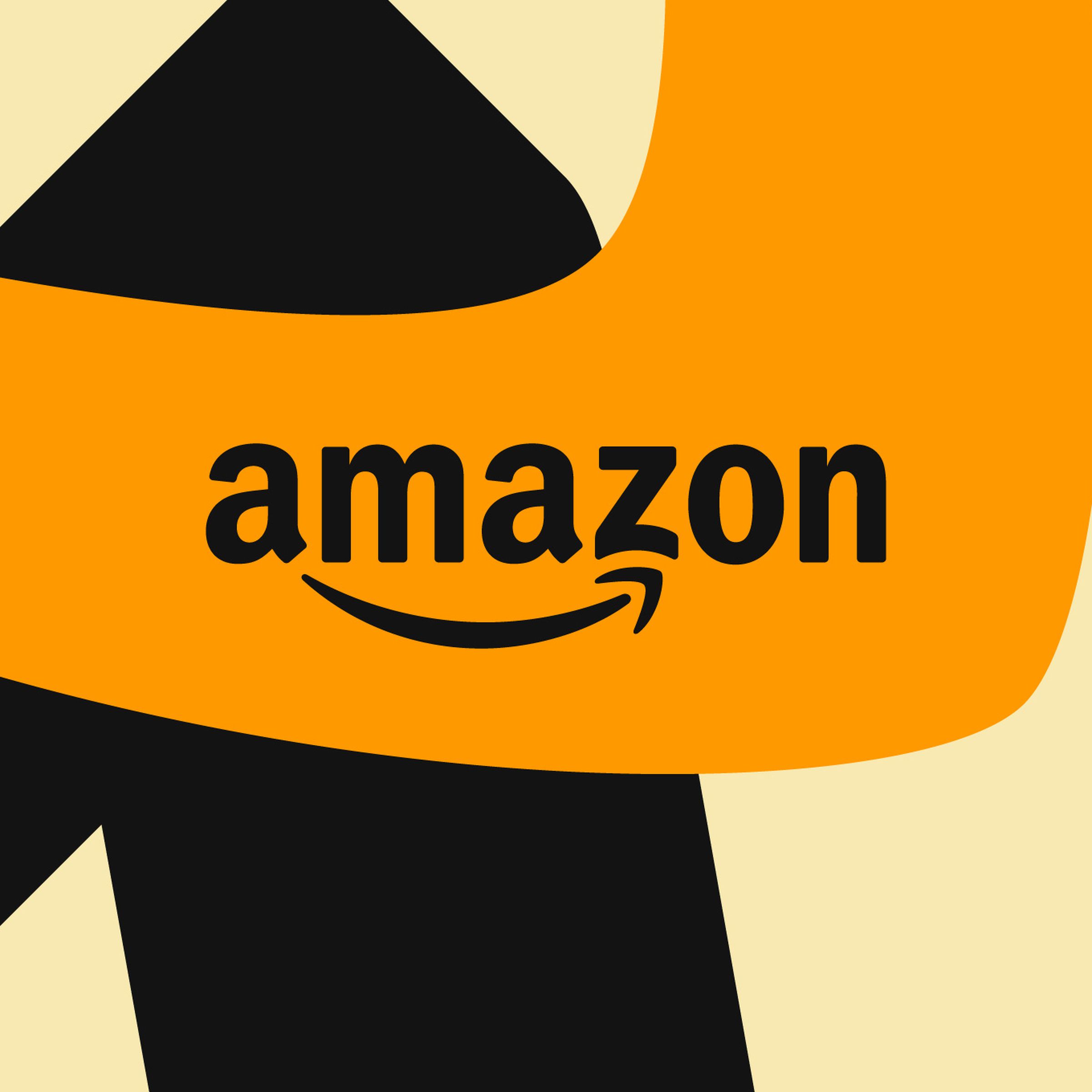 Illustration of Amazon’s wordmark on an orange, black, and tan background made up of overlapping lines.