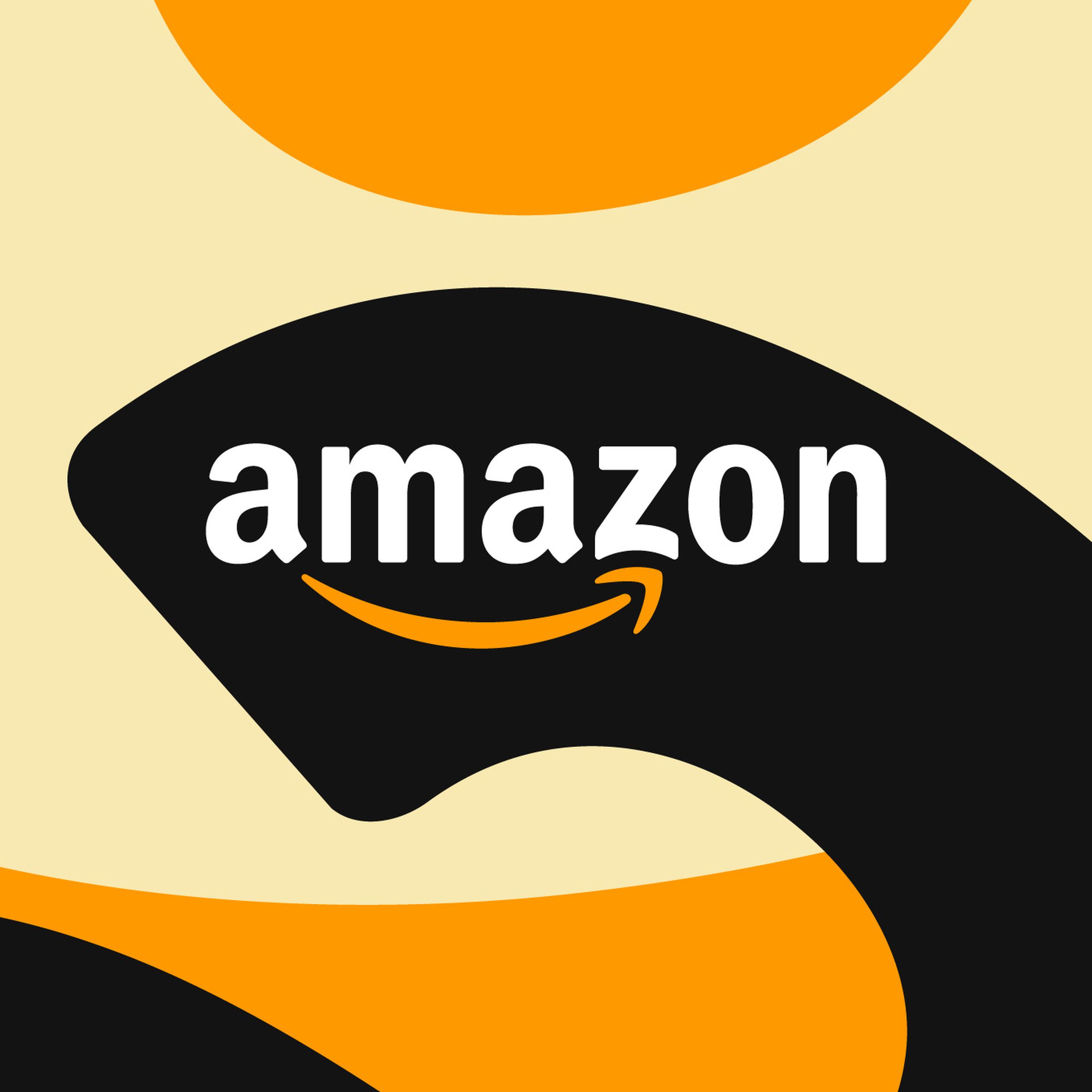 Illustration showing Amazon’s logo on a black, orange, and tan background, formed by outlines of the letter “a.”