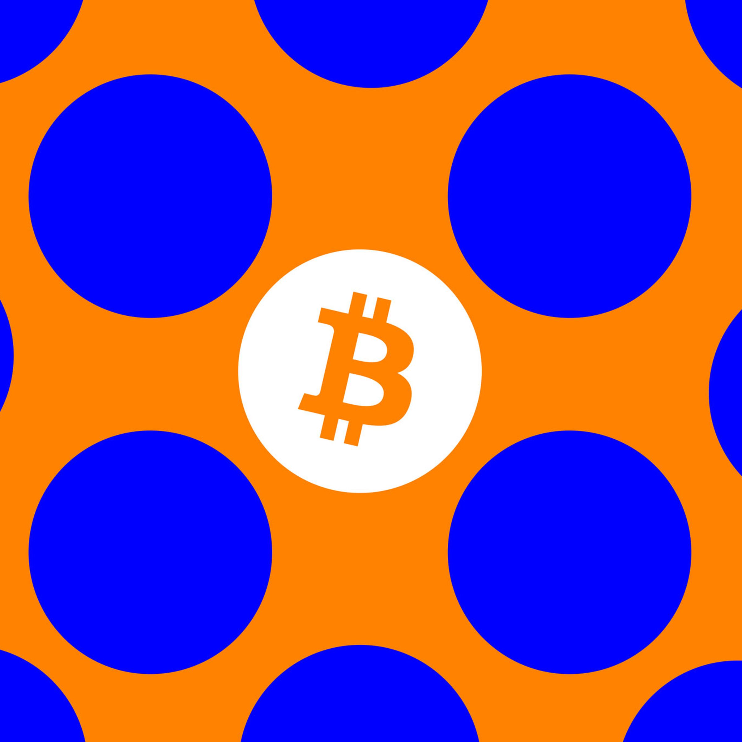 Illustration of the Bitcoin symbol on a blue and orange polka dot background.