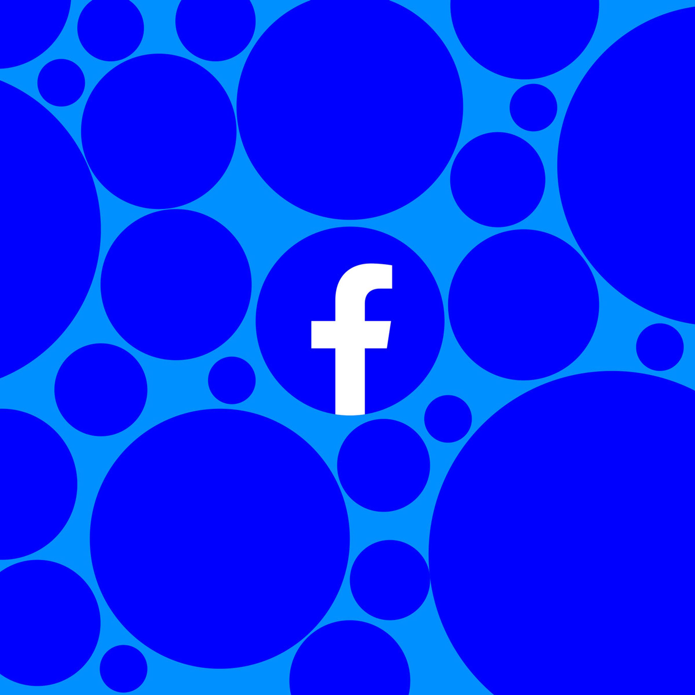 The Facebook logo on a blue background, surrounded by dark blue circles of various sizes