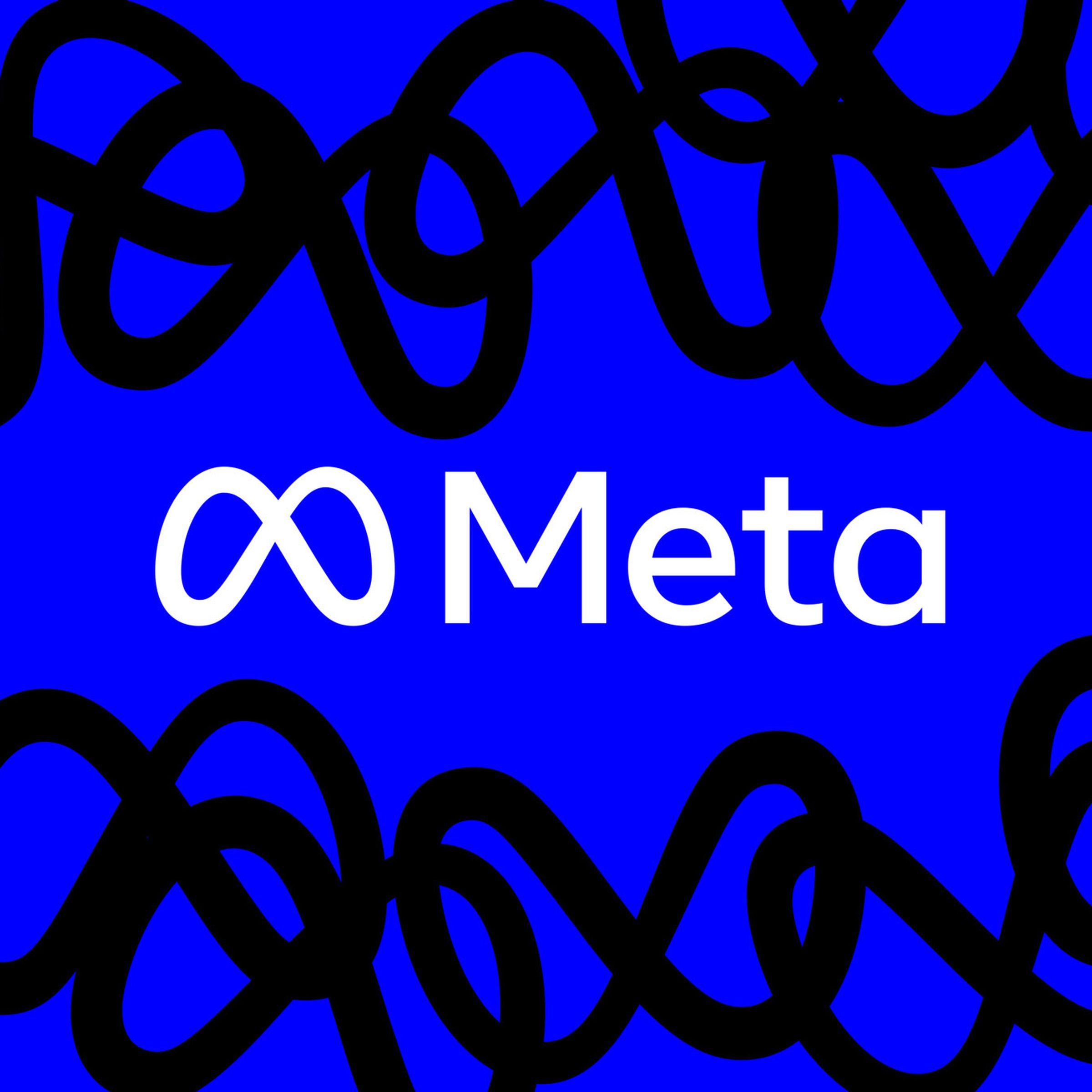 Image of the Meta logo and wordmark on a blue background bordered by black scribbles made out of the Meta logo.
