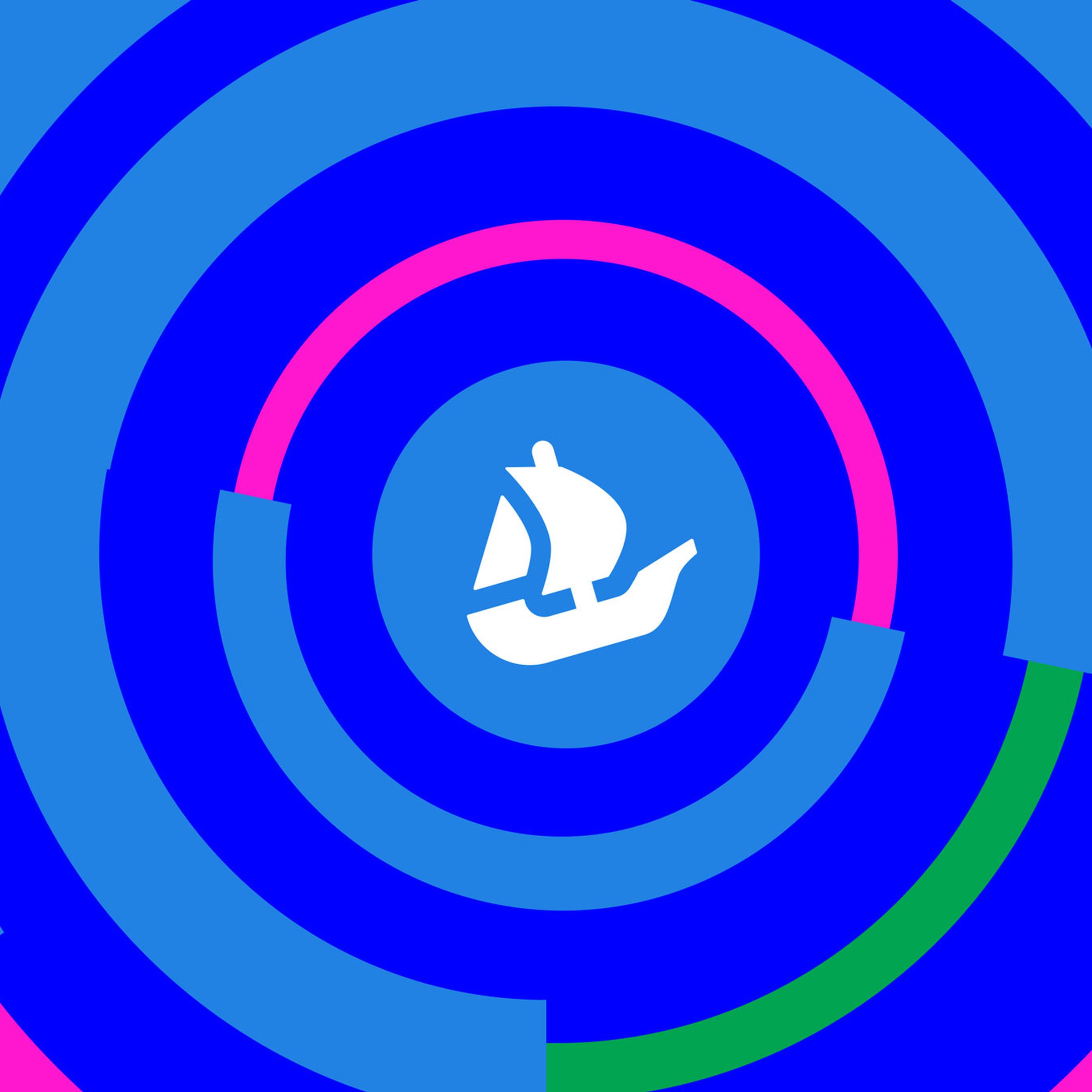Illustration of the OpenSea logo on a blue background, with several blue, green, and pink circles around it.