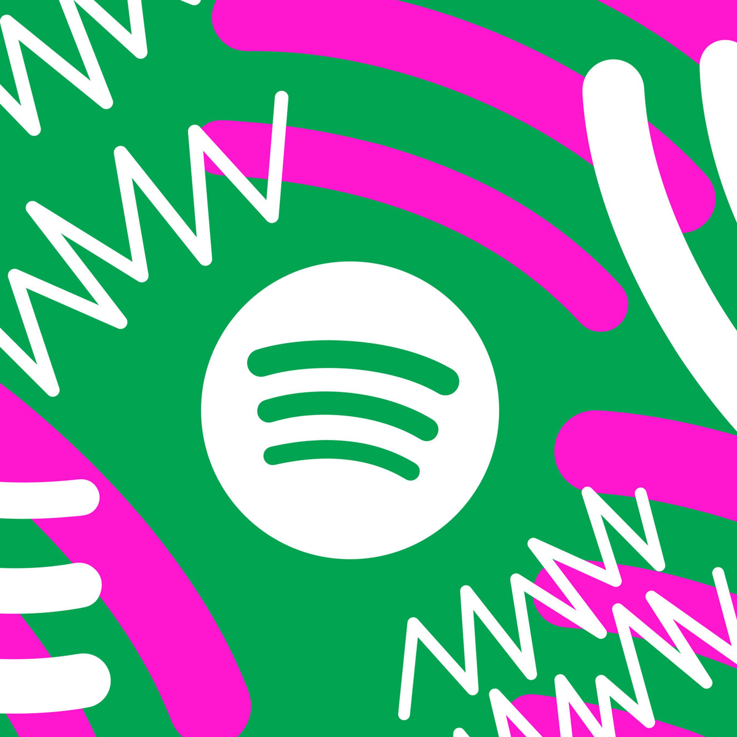An illustration of the Spotify logo surrounded by noise lines in white, purple, and green.