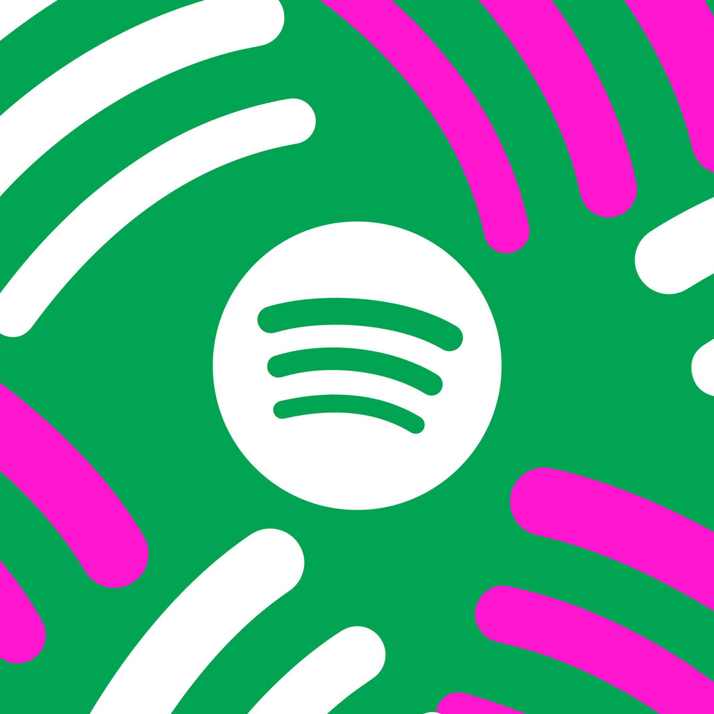 The Spotify logo on a green backdrop surrounded by pink and white graphics.