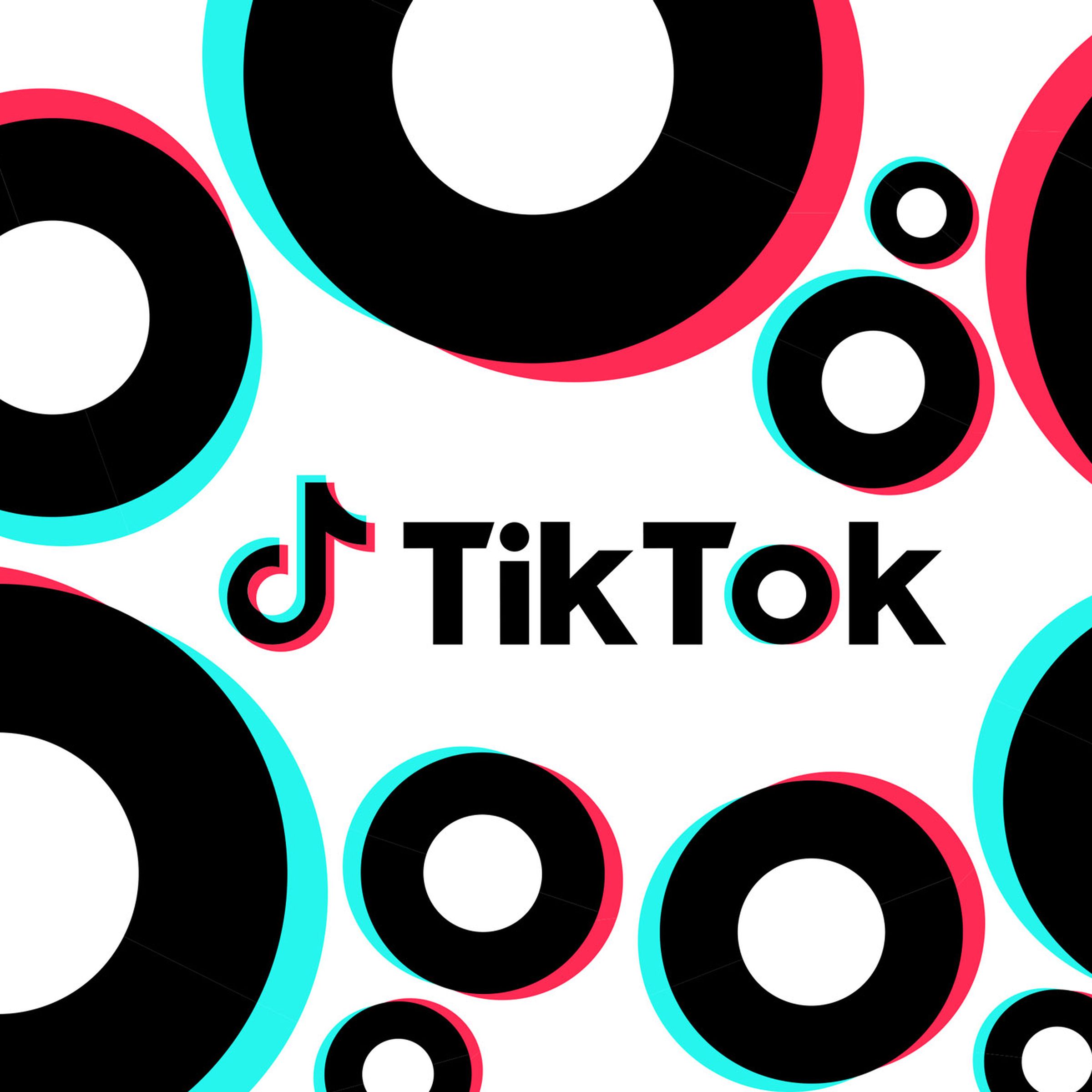 The TikTok logo on a white background with repeating circle imagery scattered throughout.