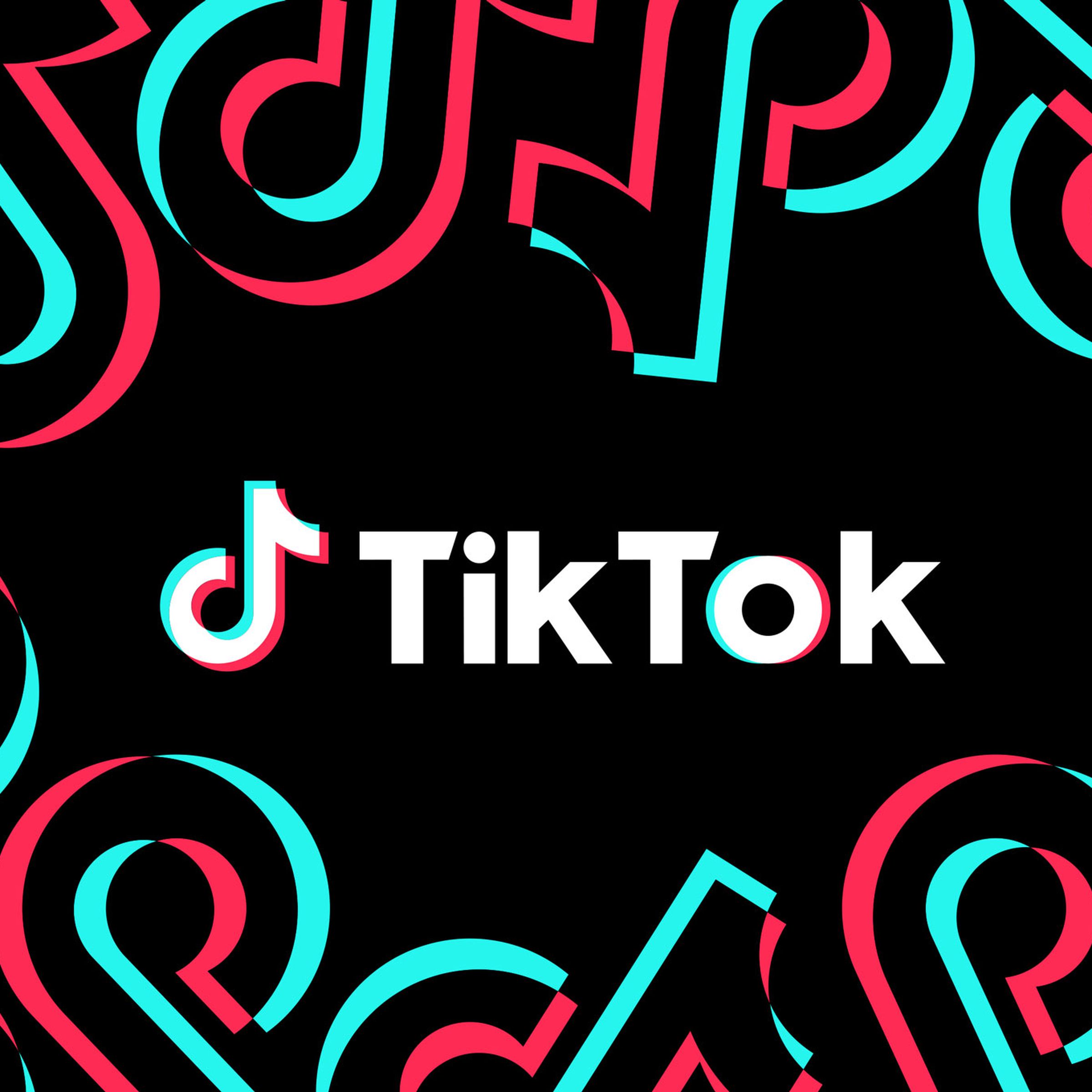 The TikTok logo on a black background with pink and blue repeating logos around the edges.