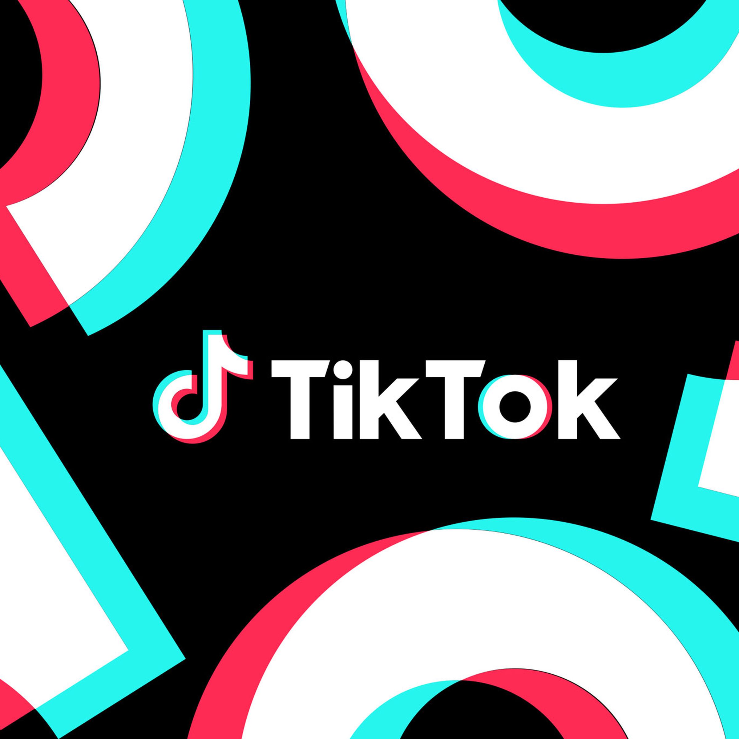 TikTok logo on a black background with large pink, white, and aqua icons repeating