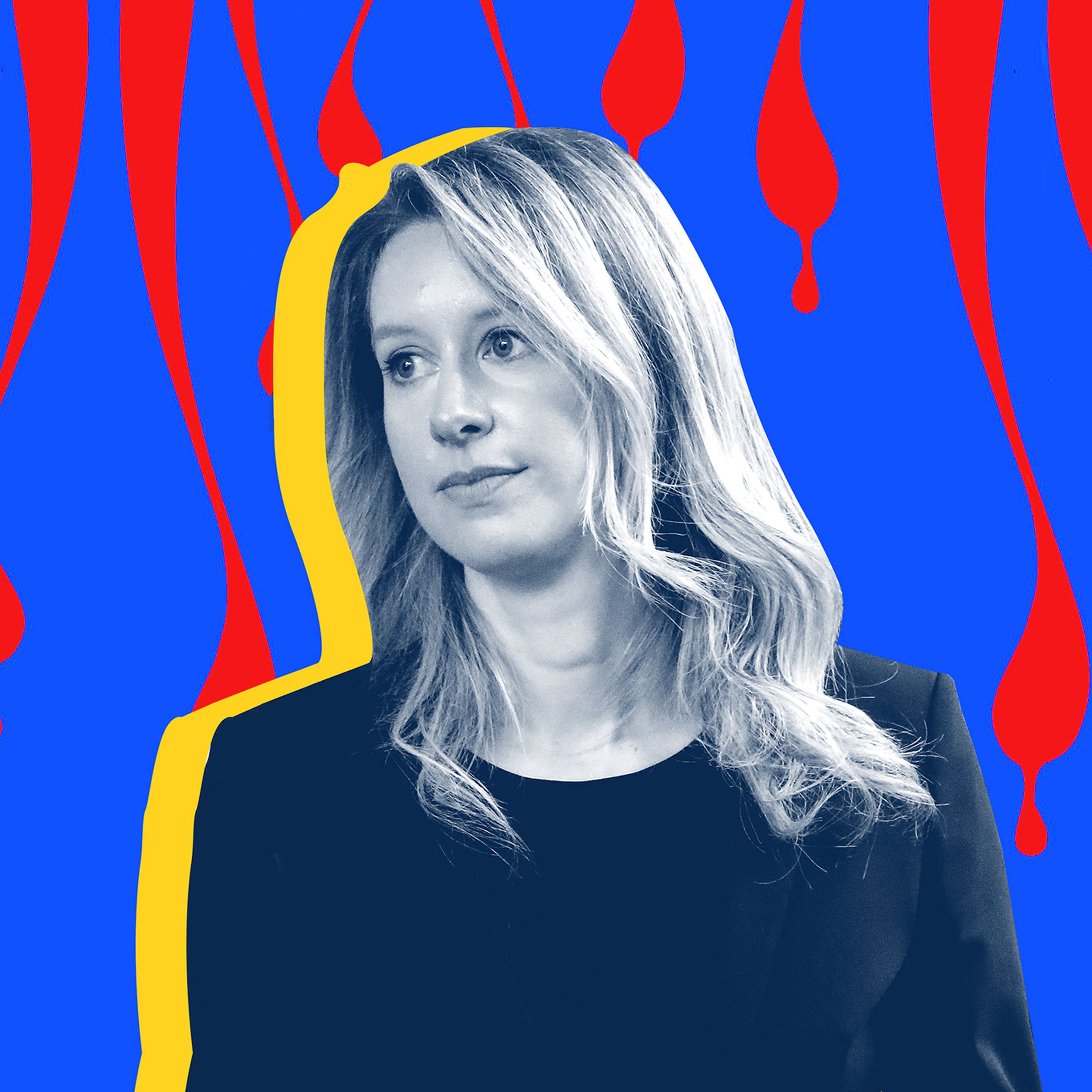 Elizabeth Holmes on a blue background with red streaks