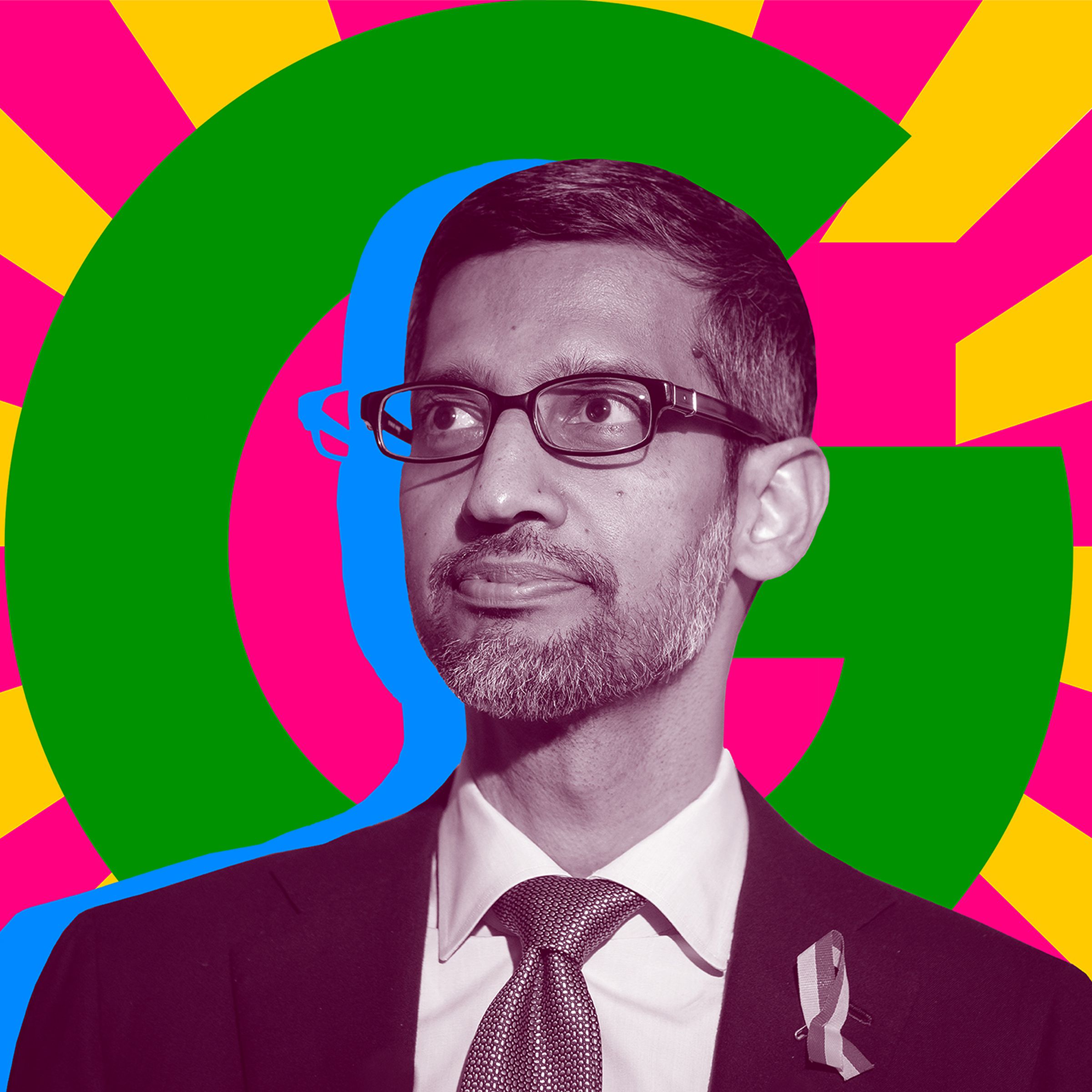 An image of Sundar Pichai in front of a Google logo