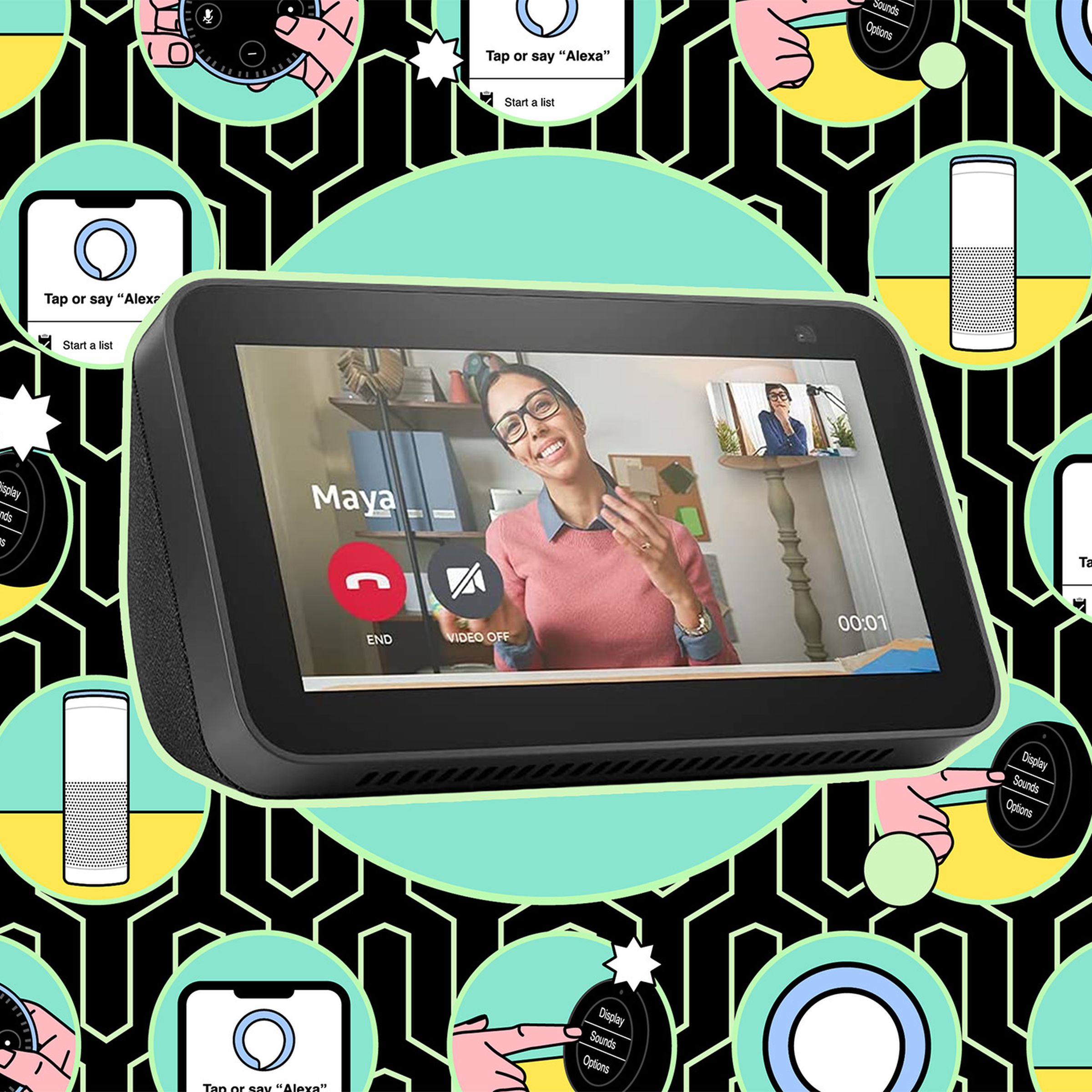 Echo show showing person on screen against an illustrated background.