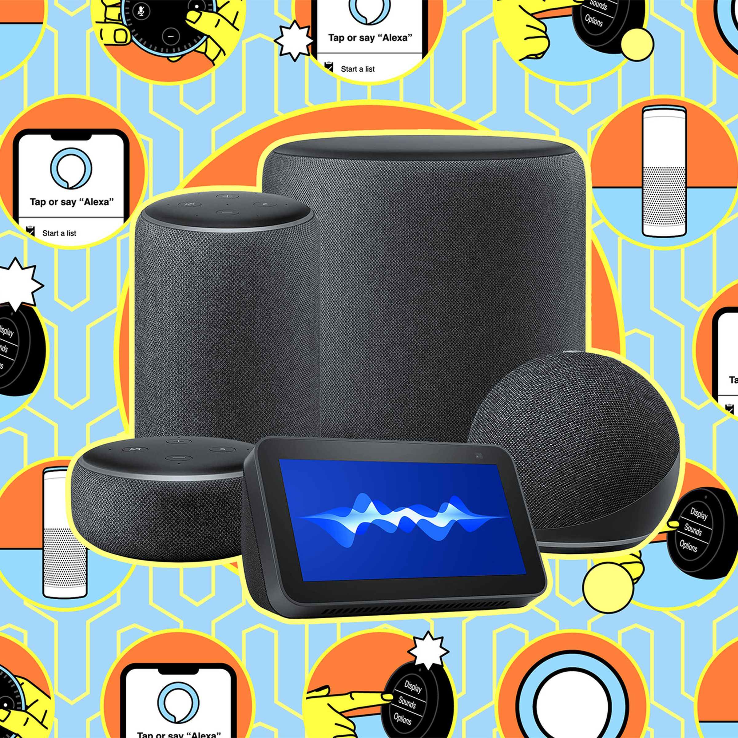 A group of Amazon Echo smart speakers on a colorful graphic background. 