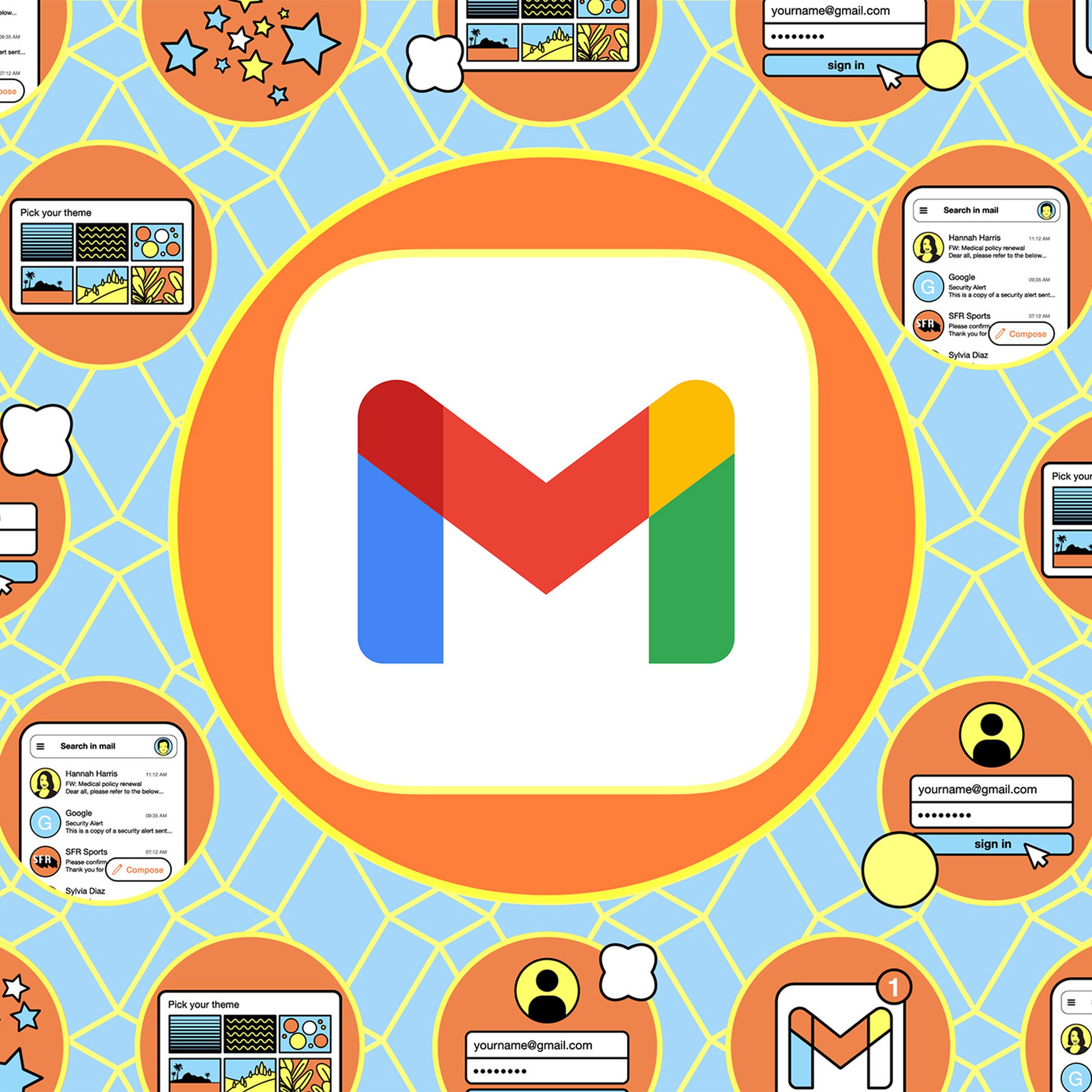 Gmail icon against a background of small illustrations.