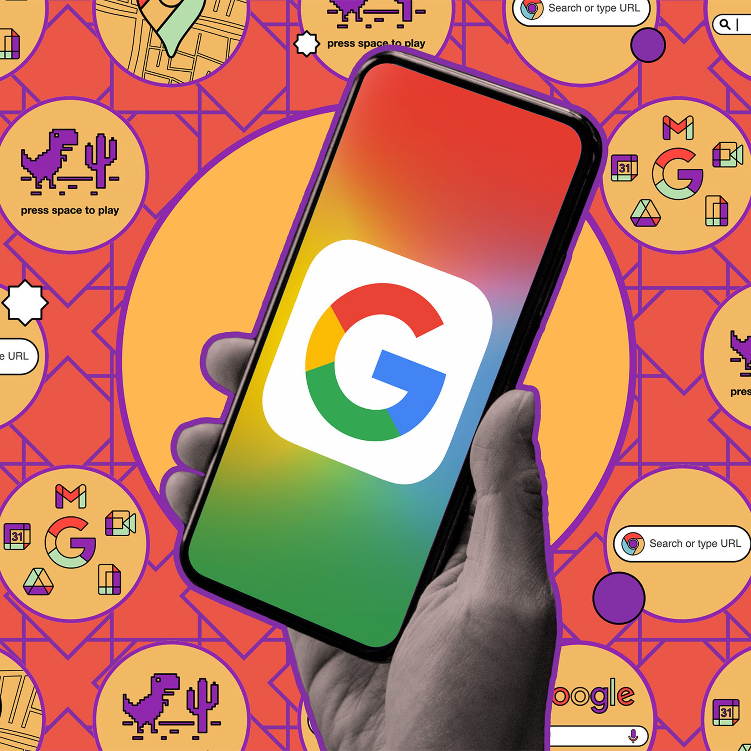 Hand holding phone with Google “G” symbol against an illustrated background.