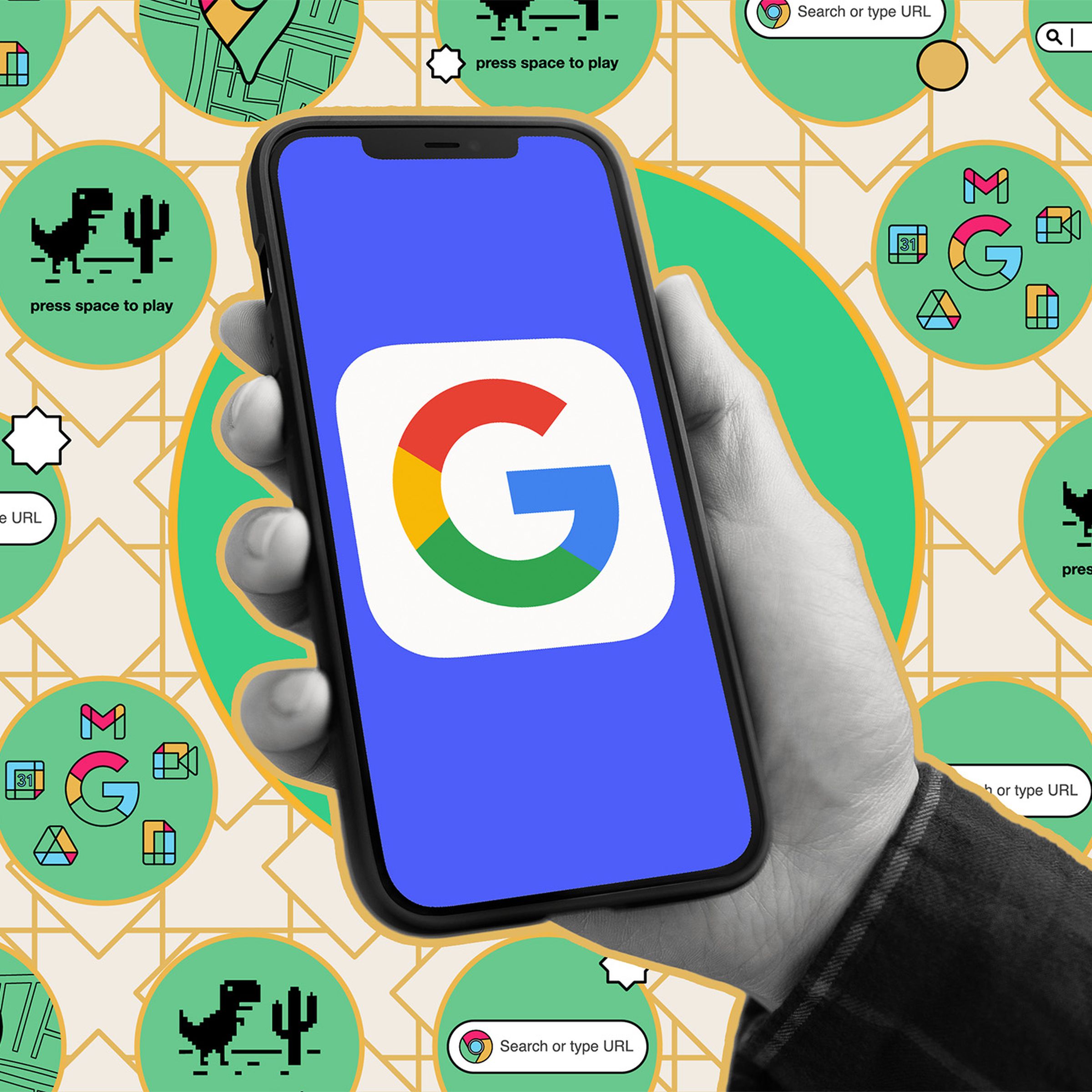 A person holding a mobile phone with the Google logo on it. The background is a mix of different Google services.