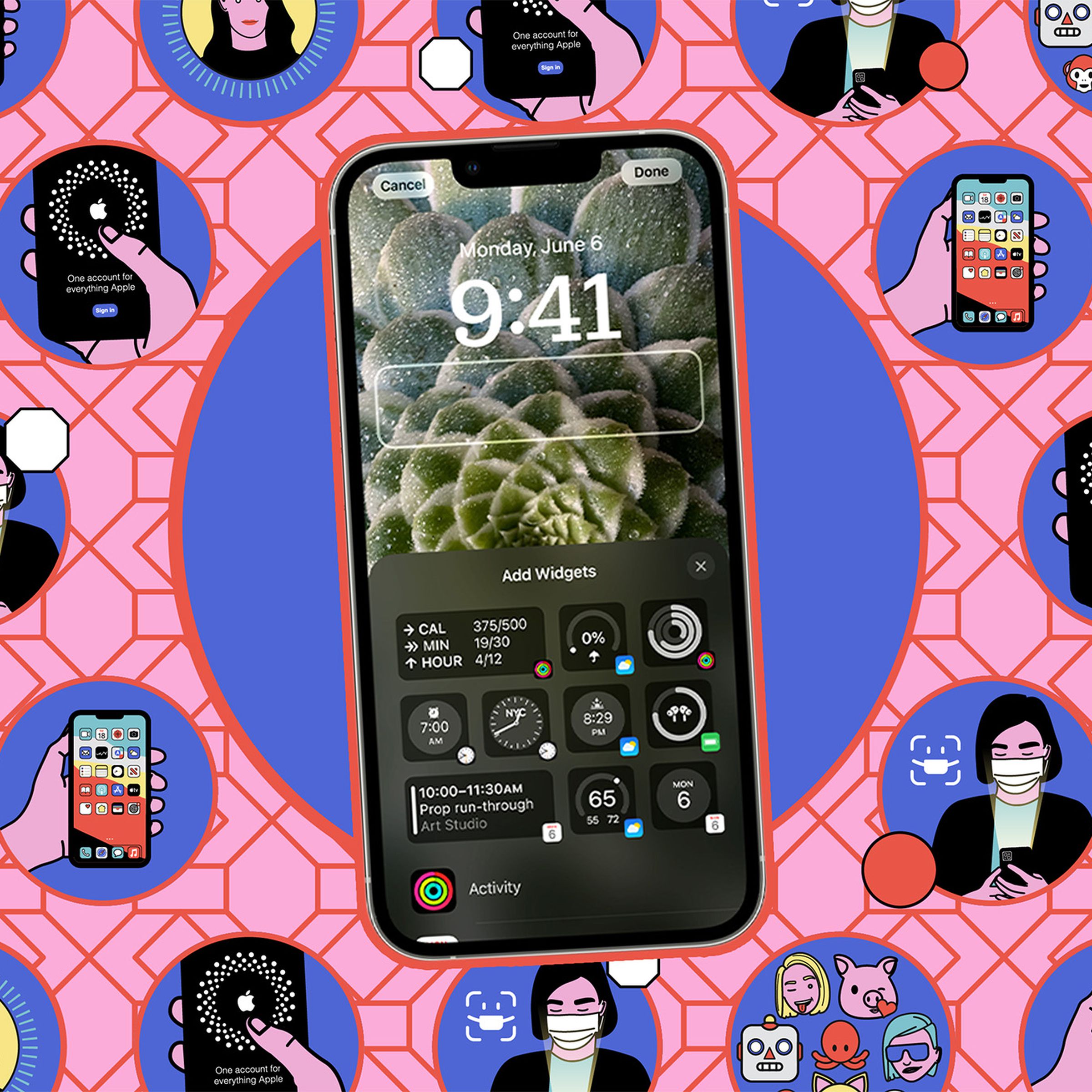 Lock screen widget screen on iPhone against an artful background