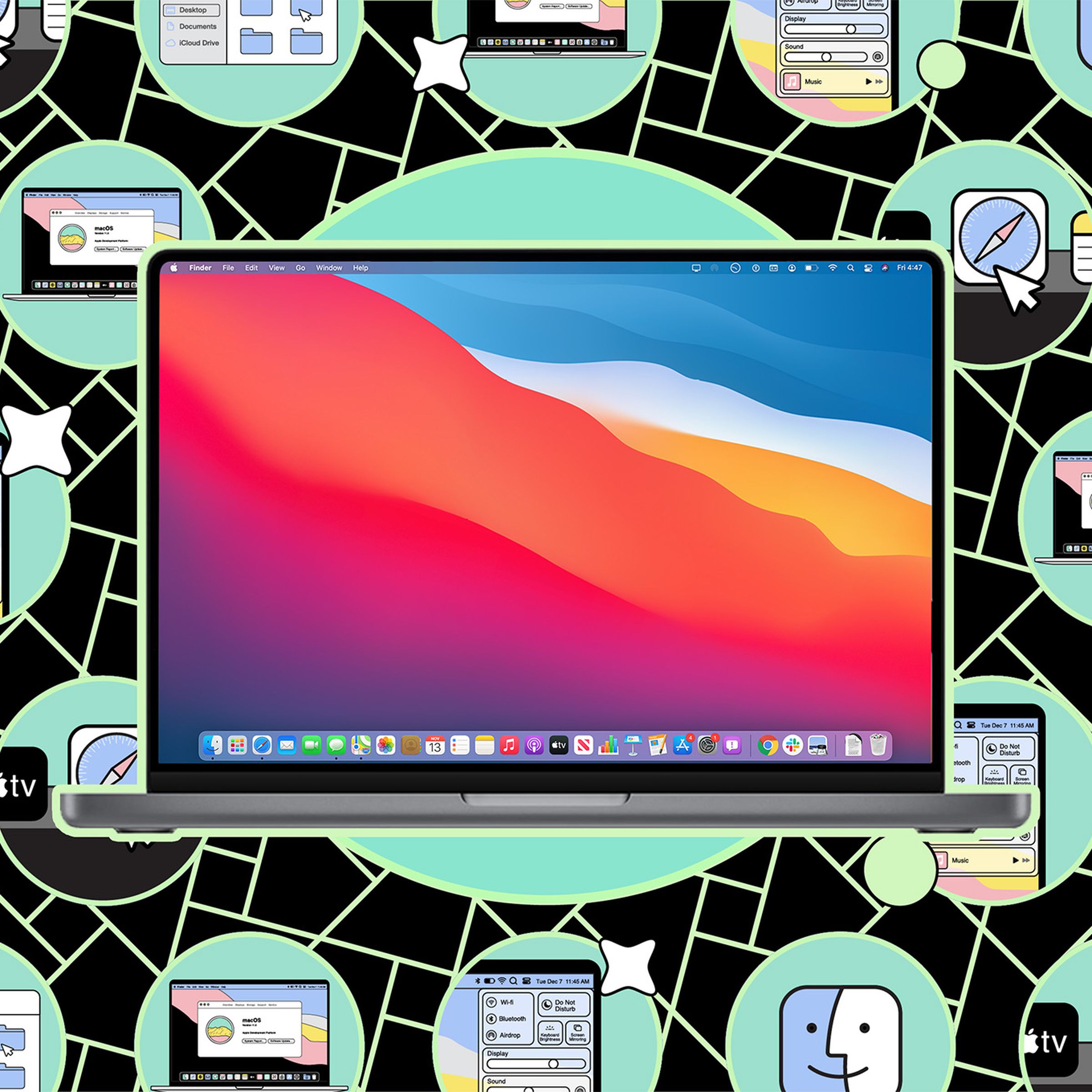 Image of a MacBook Pro on a stylized background.