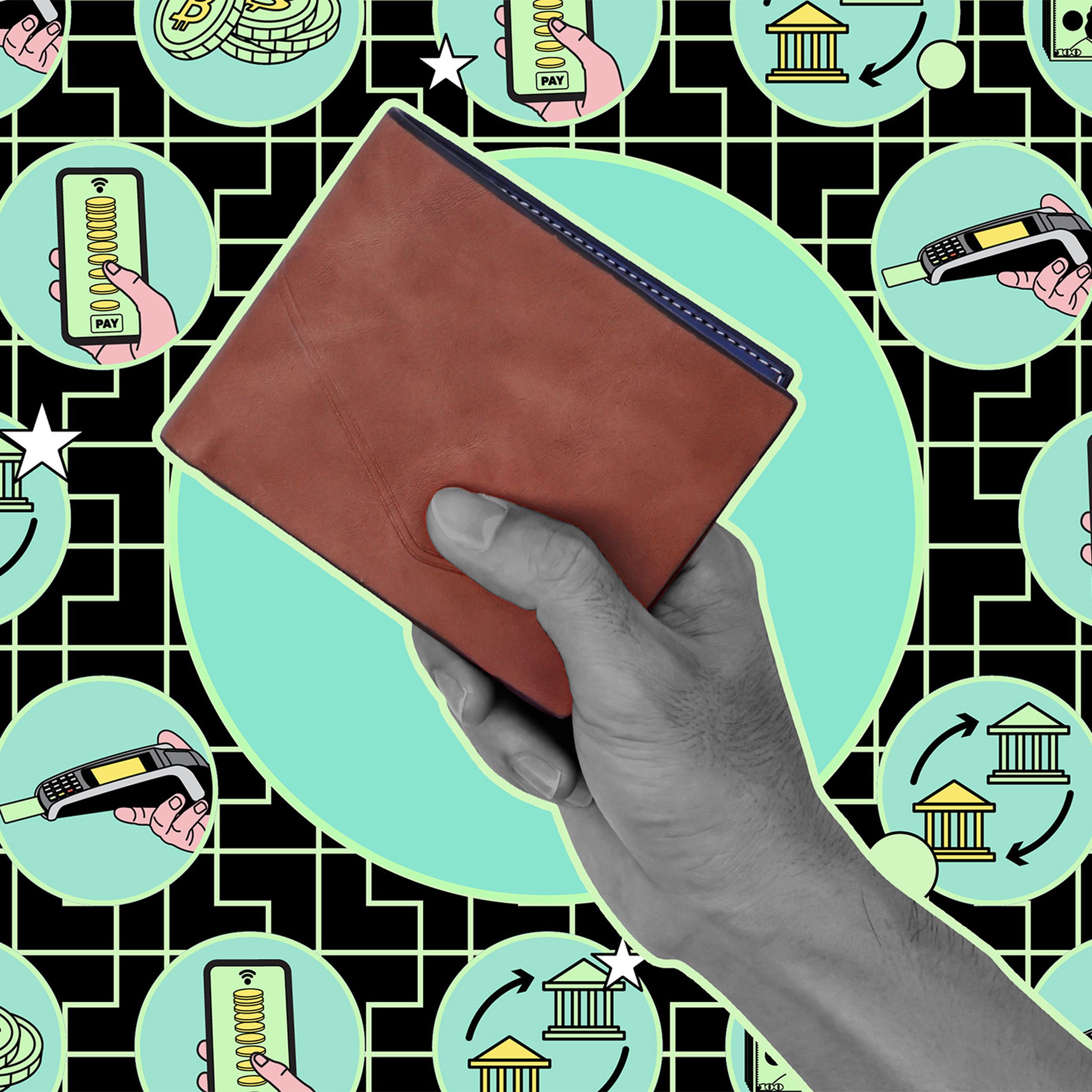 An illustration of a hand holding up a wallet in front of a blue background filled with money-related icons.